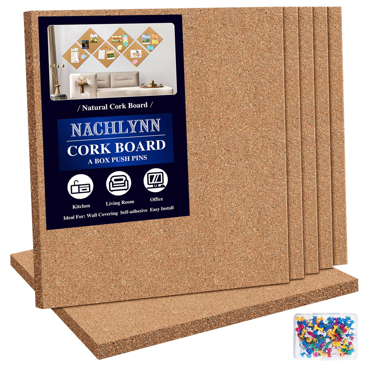 NACHLYNN Cork Board 6 Pack 12 x 12 Self-Adhesive Corkboards for Wall Square Bulletin Board with 100