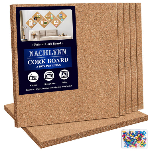 NACHLYNN Cork Board 6 Pack 12 x 12 Self-Adhesive Corkboards for Wall Square Bulletin Board with 100