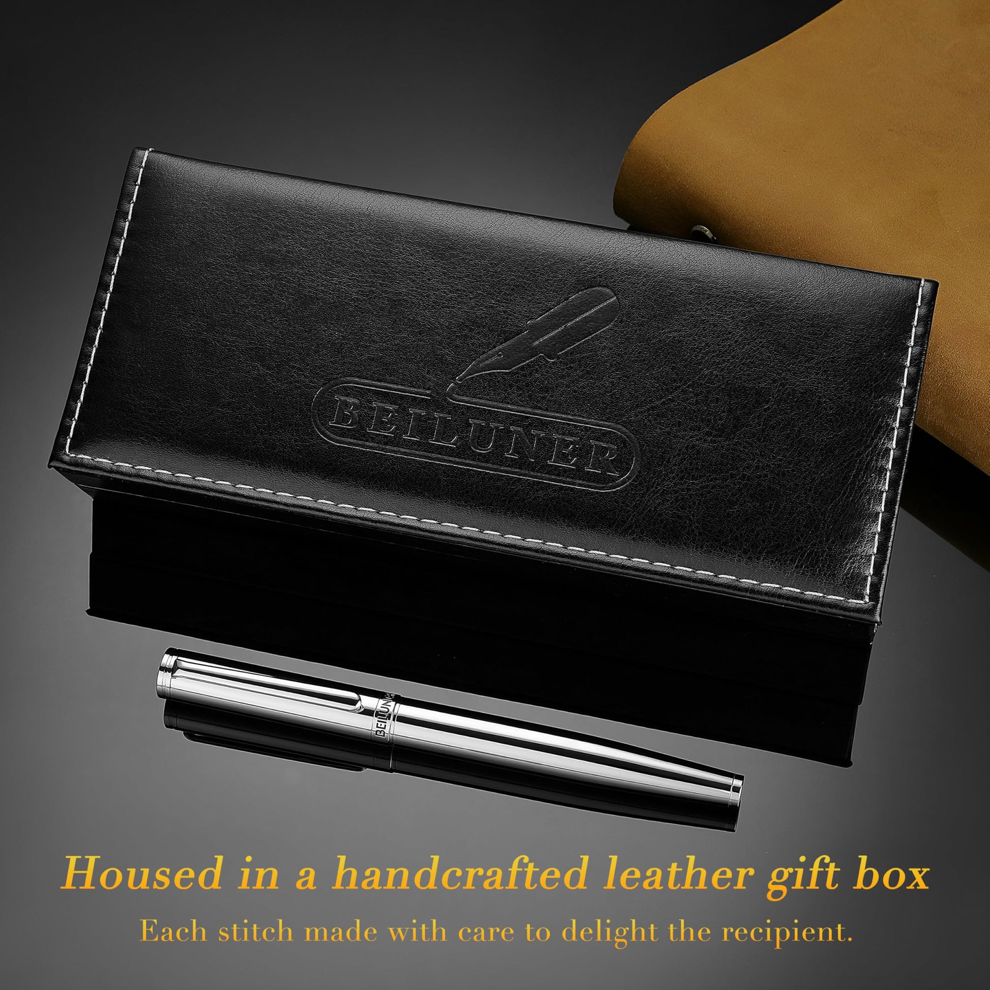 BEILUNER Silver Fountain Pen,Stunning Luxury Pens with Bright Silver Chrome, Gorgeous 24K Gilded