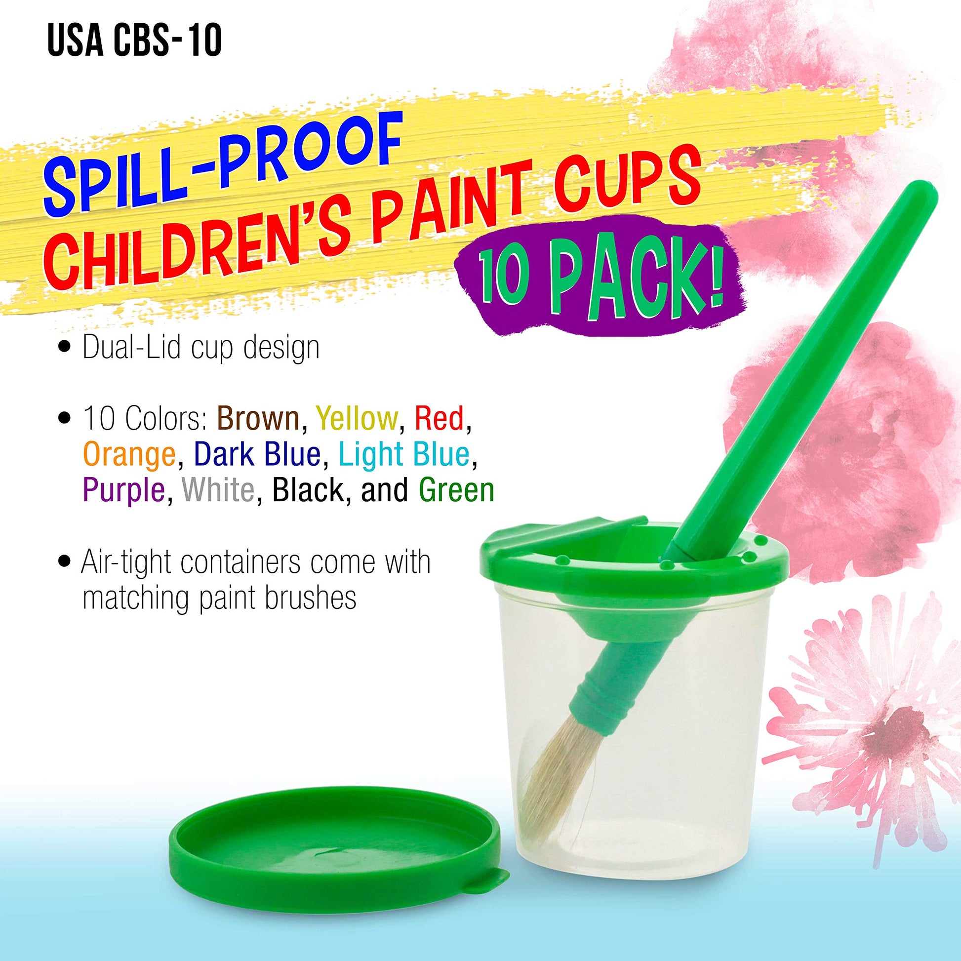 U.S. Art Supply 10 Piece Children's No Spill Paint Cups with Colored Lids