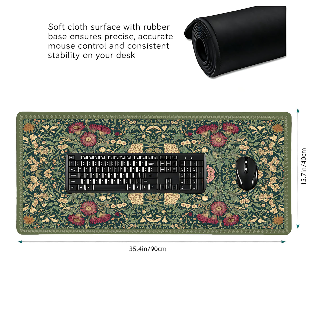 Cute Floral Aesthetic Daisy Gaming Mouse Pad, Dark Green Rug Desk Mat with Anti-Slip Base &