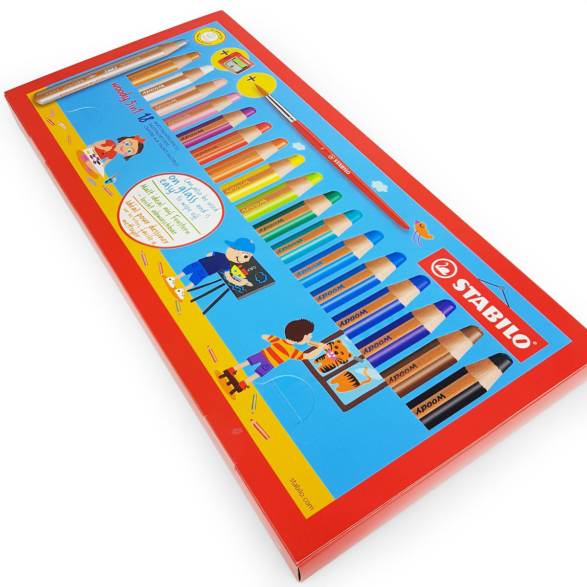 STABILO - Woody 3 in 1 Multi-Media Watercolour Pencils - Jumbo Easy-Grip - Pack of 18 with