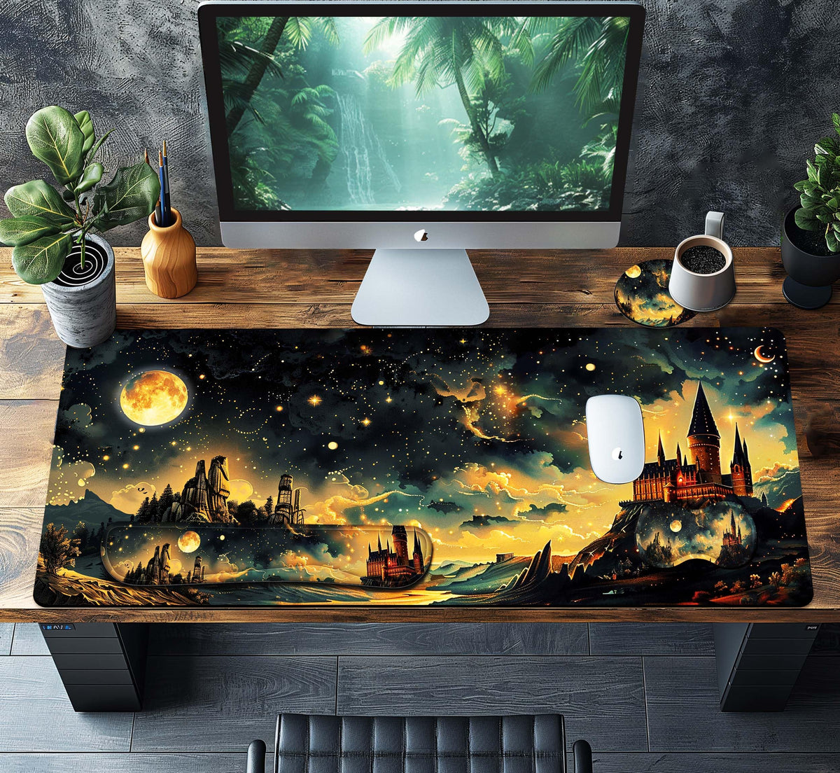 HaoSiTeck 4-Piece Extended Large Mouse Pad Set for Women Men with Castle Night Design Includes 35.4