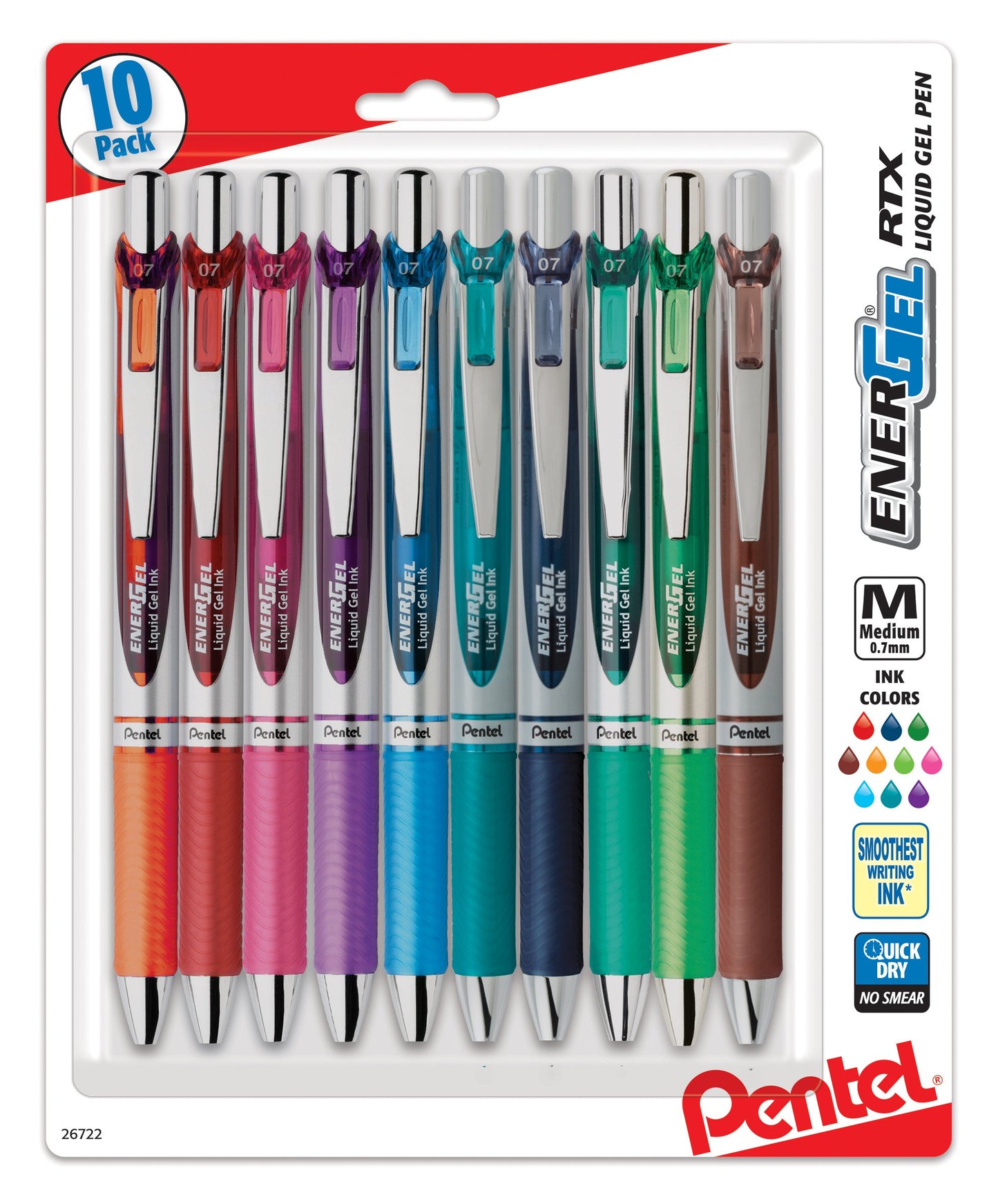 Pentel EnerGel RTX Retractable Liquid Gel Pen, (0.7mm) Medium Line, Metal Tip, Assorted Ink, 10-Pk