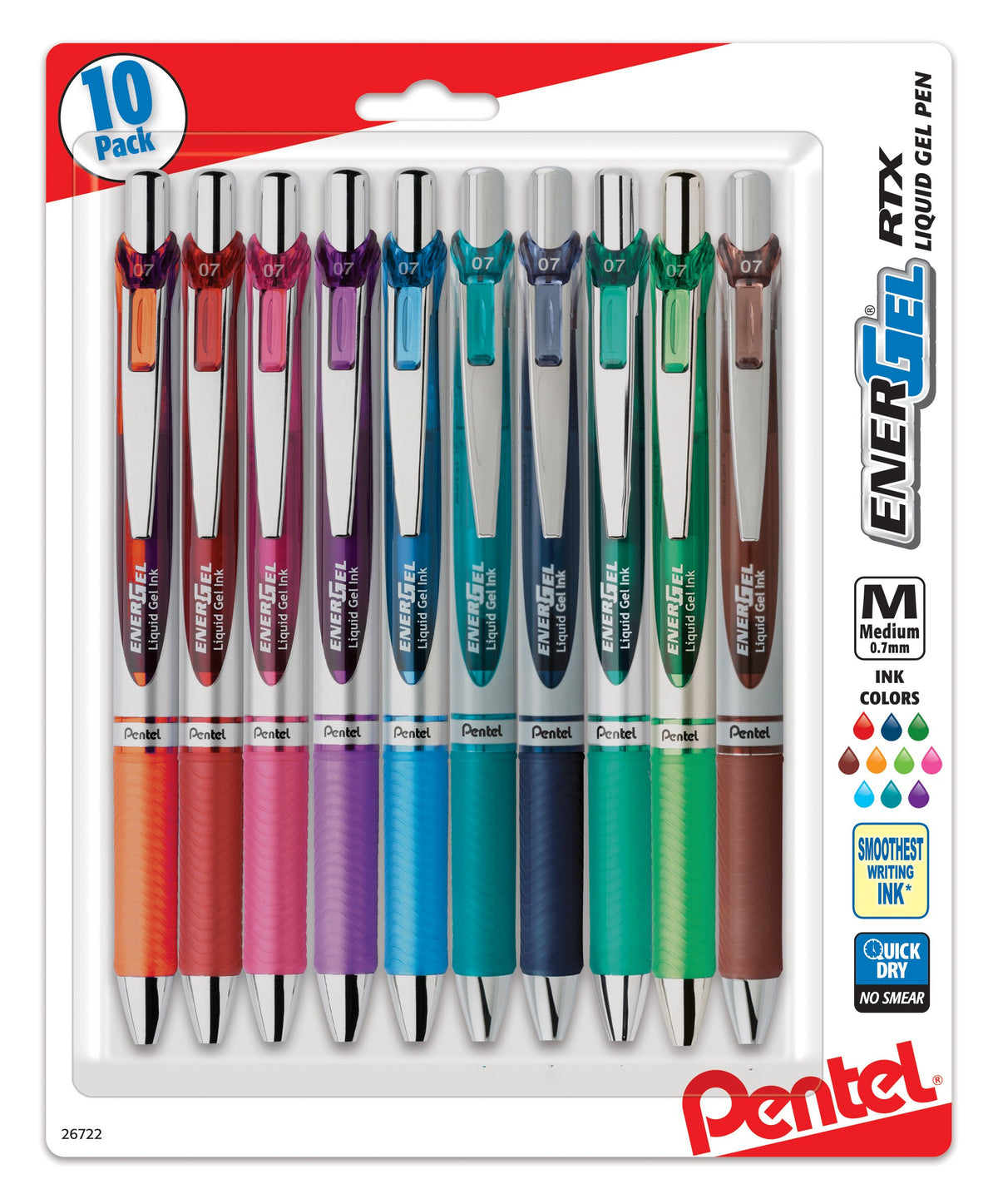 Pentel EnerGel RTX Retractable Liquid Gel Pen, (0.7mm) Medium Line, Metal Tip, Assorted Ink, 10-Pk