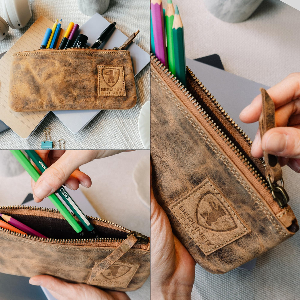 BERLINER BAGS Genuine Leather Pencil Case, Vintage Pen Pouch - Brown