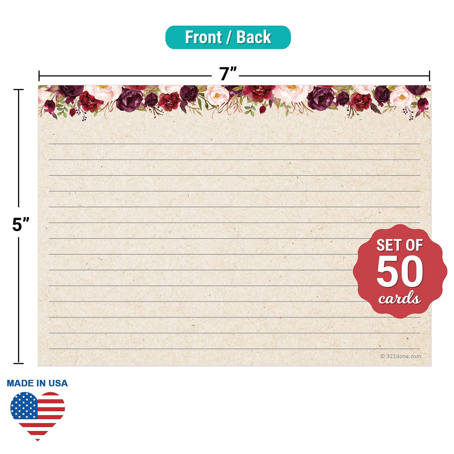 321Done Ruled Index Cards, Large 5x7, Set of 50, Red Roses on Tan