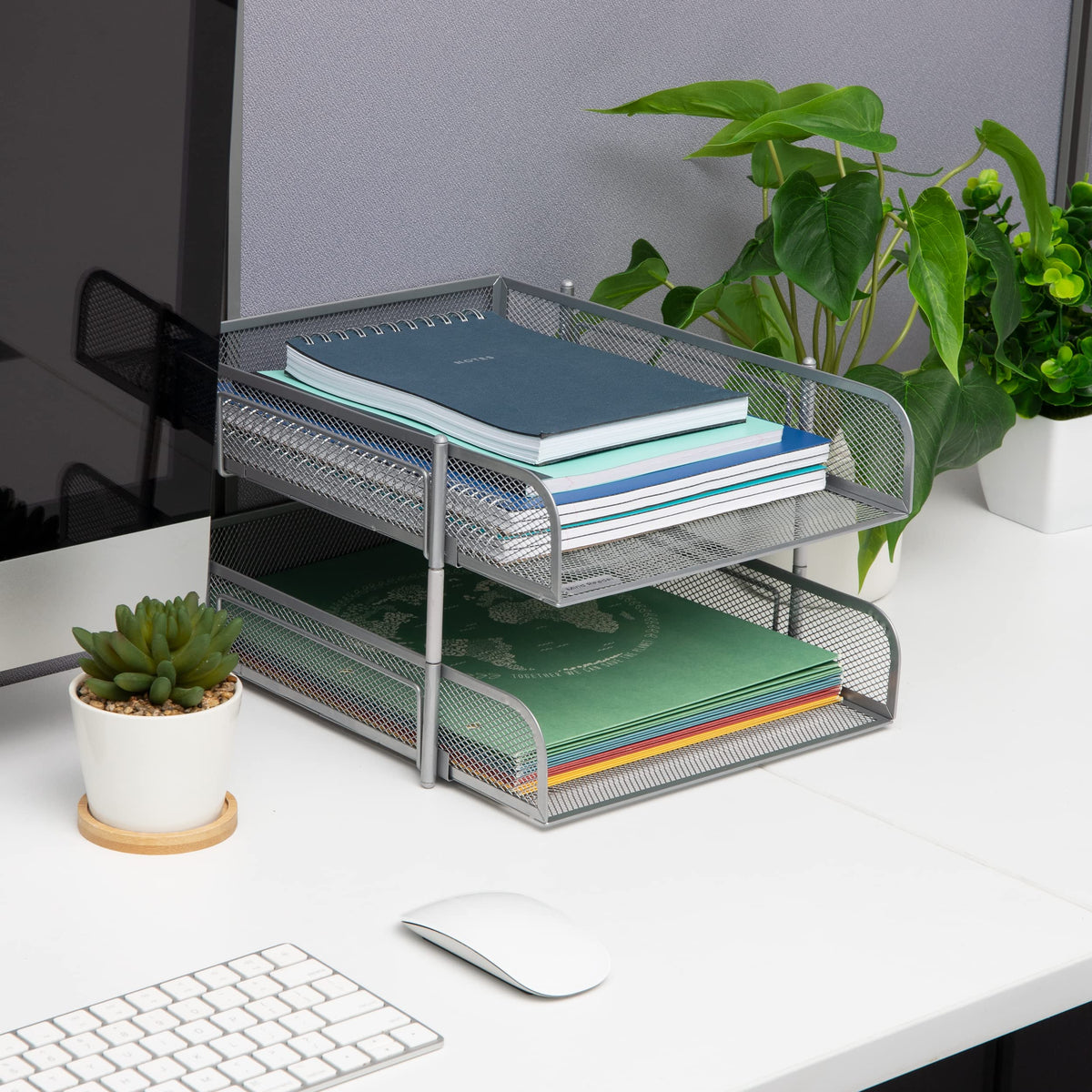 Mind Reader Stackable Paper Tray, Desktop Organizer, File Storage, Office, Metal Mesh, 2 Pc, Silver