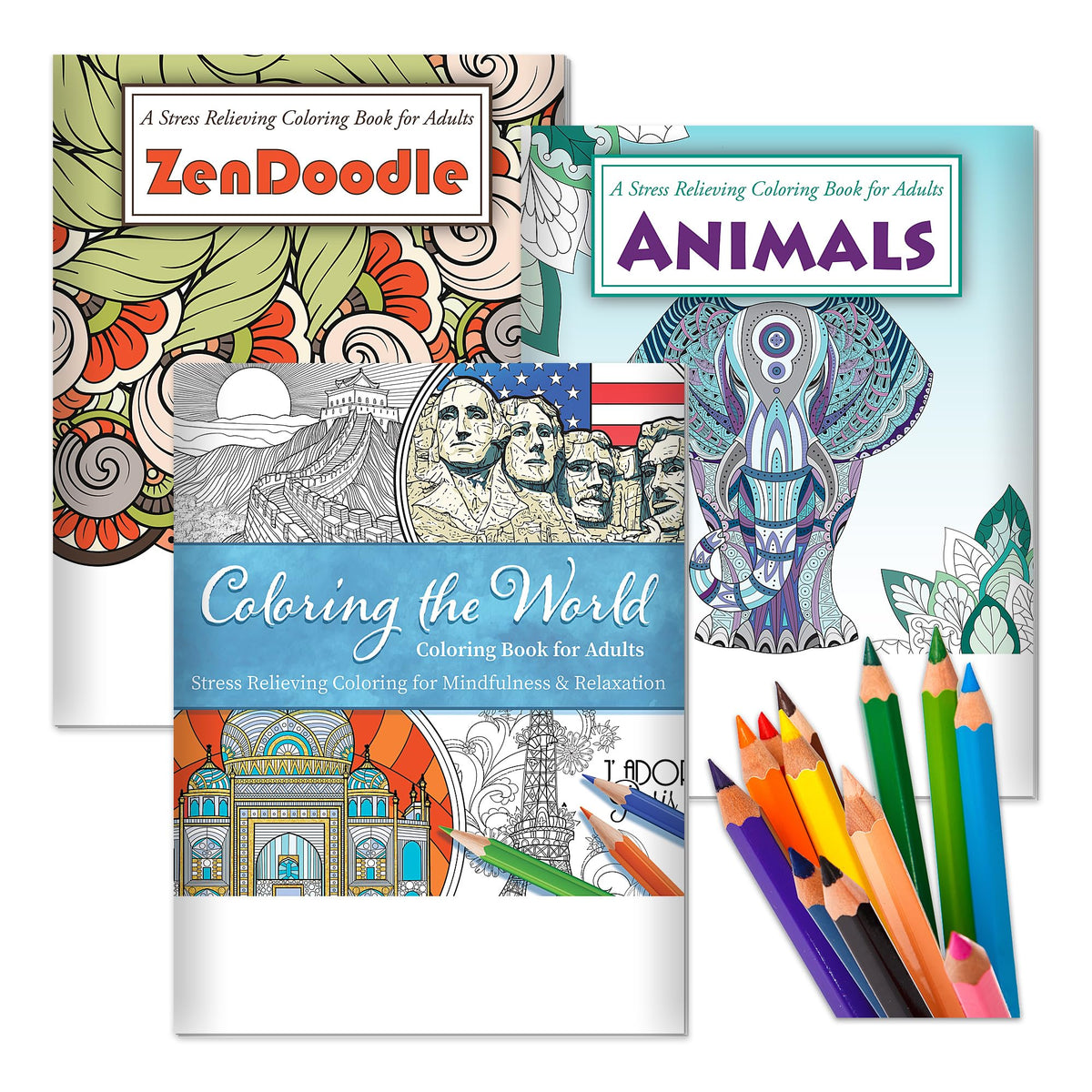 ZOCO - Adult Coloring Book Gift Set - 3 Books with 12 Colored Pencils - Coloring the World, Animals
