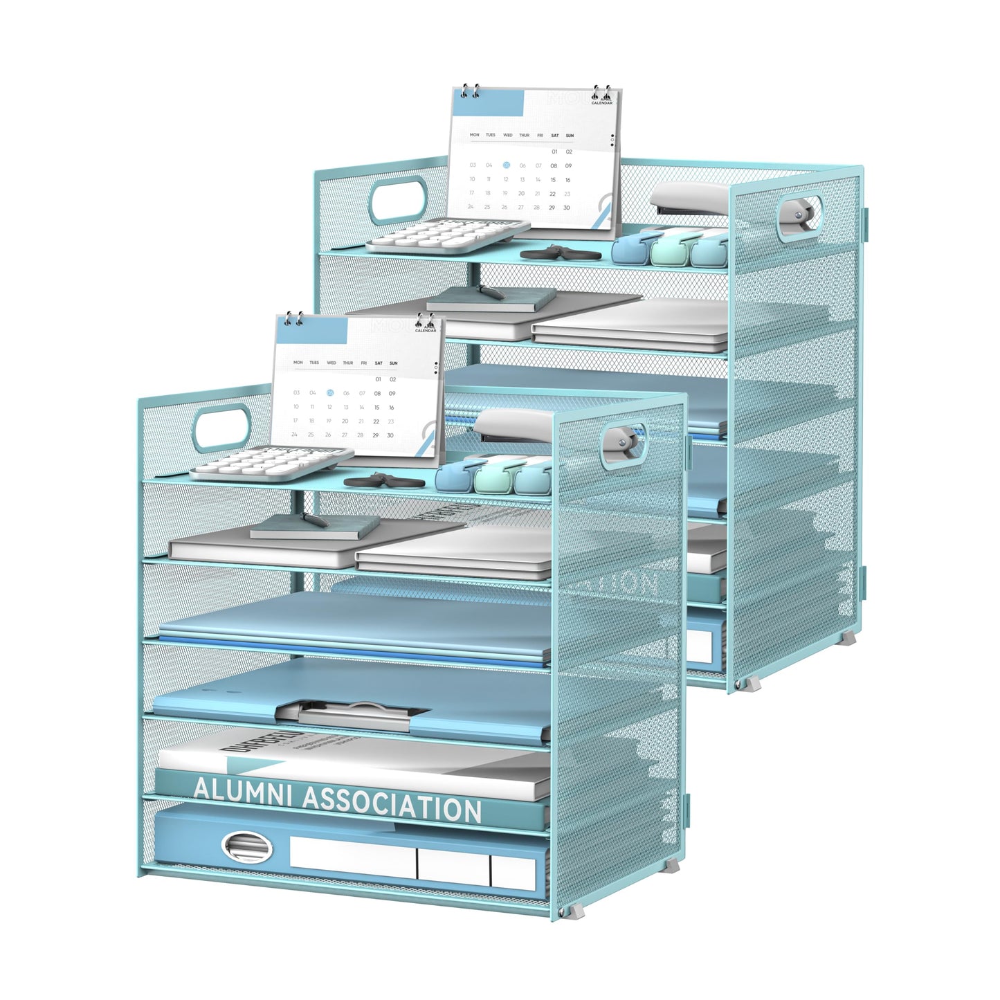Daltack 6-Tier Paper Organizer for Desk with Handle, Blue, 2 Pack