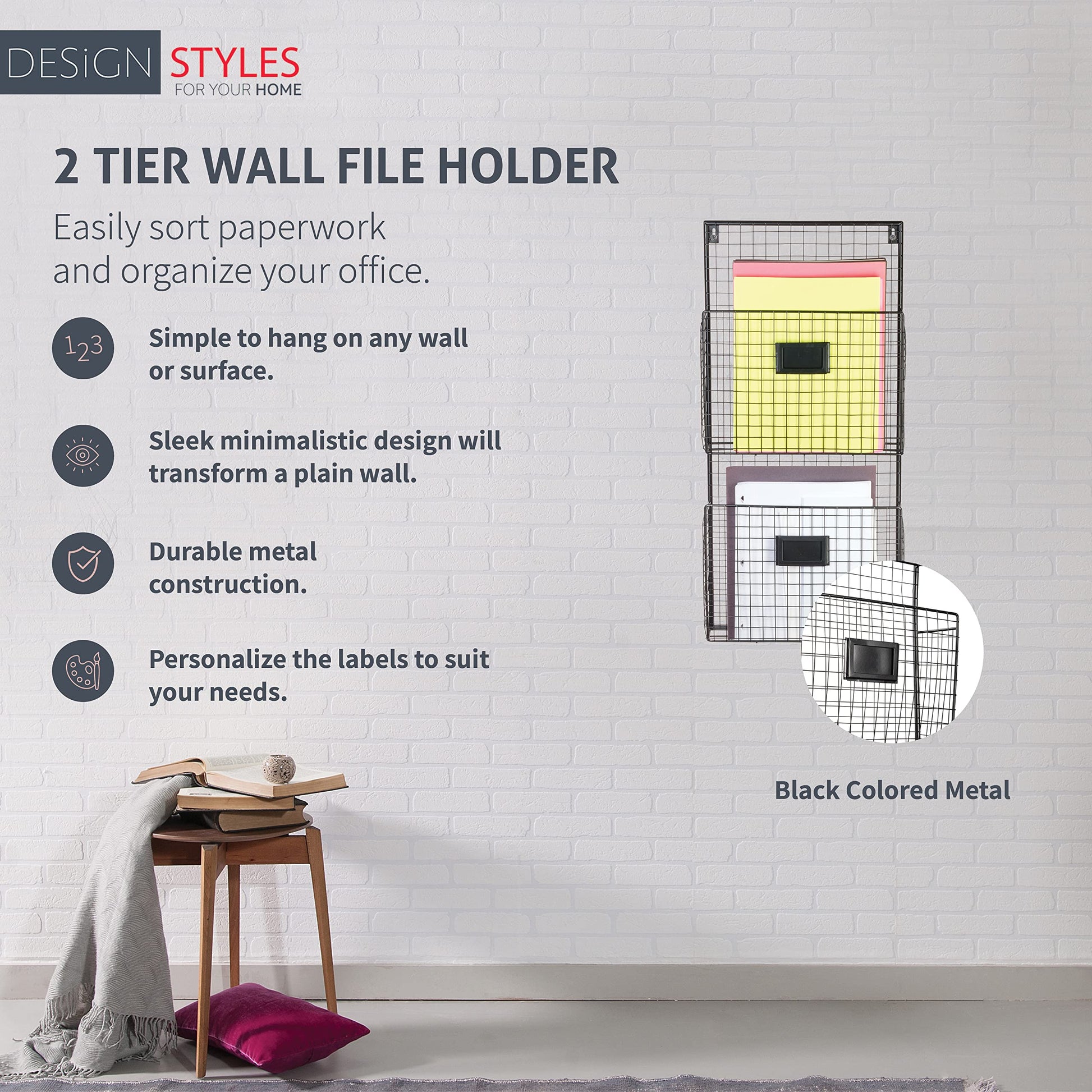 Designstyles Two Tier Wall File Holder – Durable Black Metal Rack with Spacious Slots for Easy