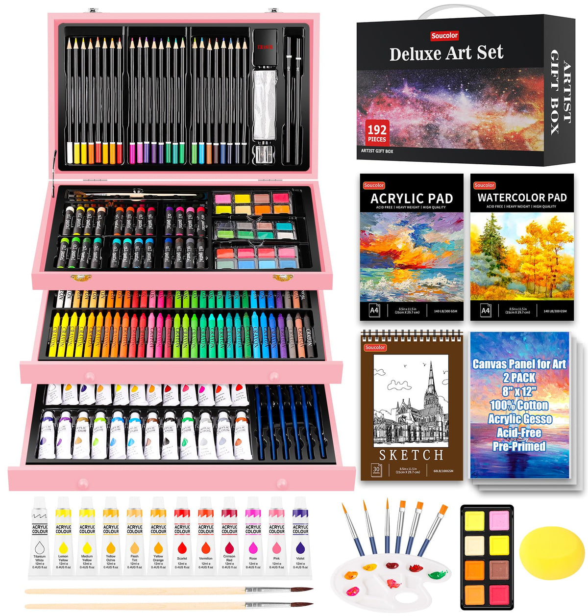 Soucolor 192-Pack Deluxe Art Supplies,Drawing Painting Sets,Teen Girl Gifts