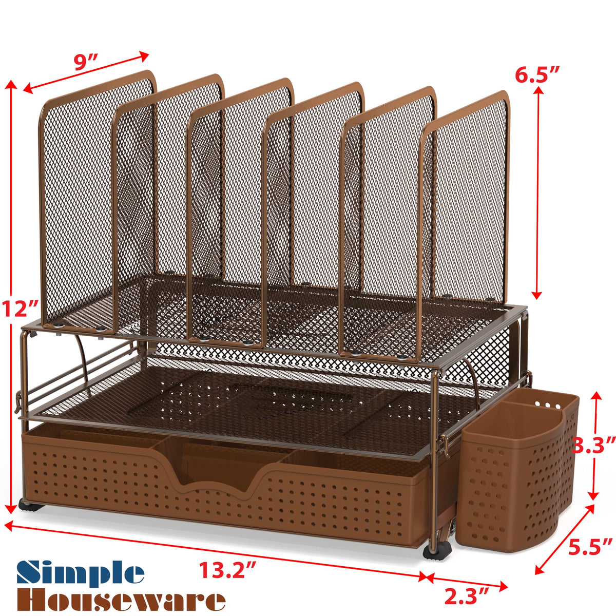Simple Houseware Desk File Organizer for Office Supplies w/Drawer, Copper