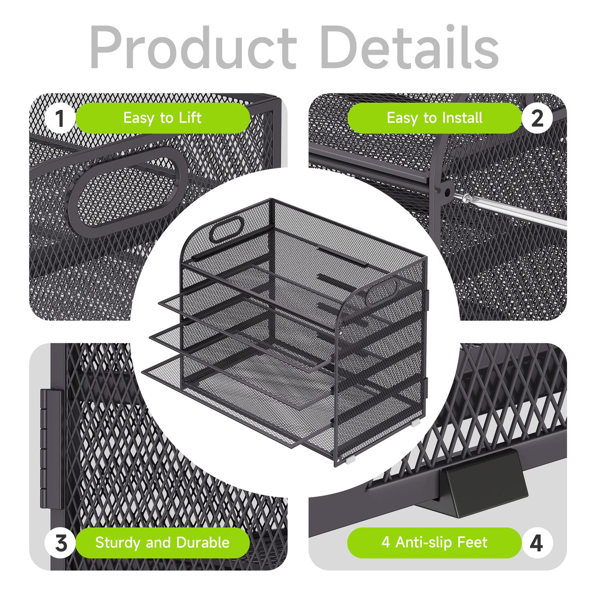 Cawukege 5 Tier Paper Organizer with Handle, Grey Metal Mesh Desk Organizer File Folder Paper