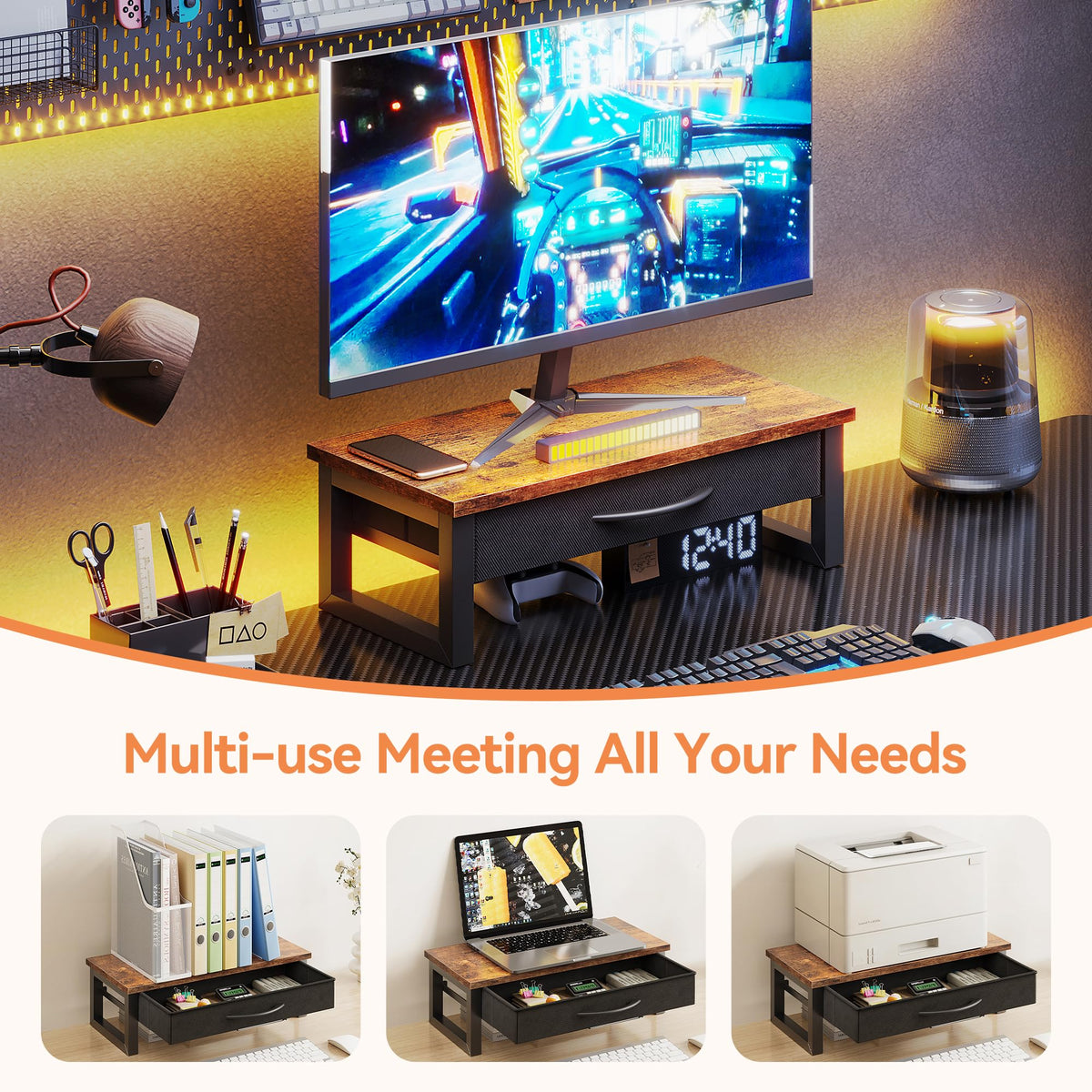 HEWORLIF Computer Monitor Stand Riser with Drawer, 2-Tier Desk Accessories & Workspace Organizers