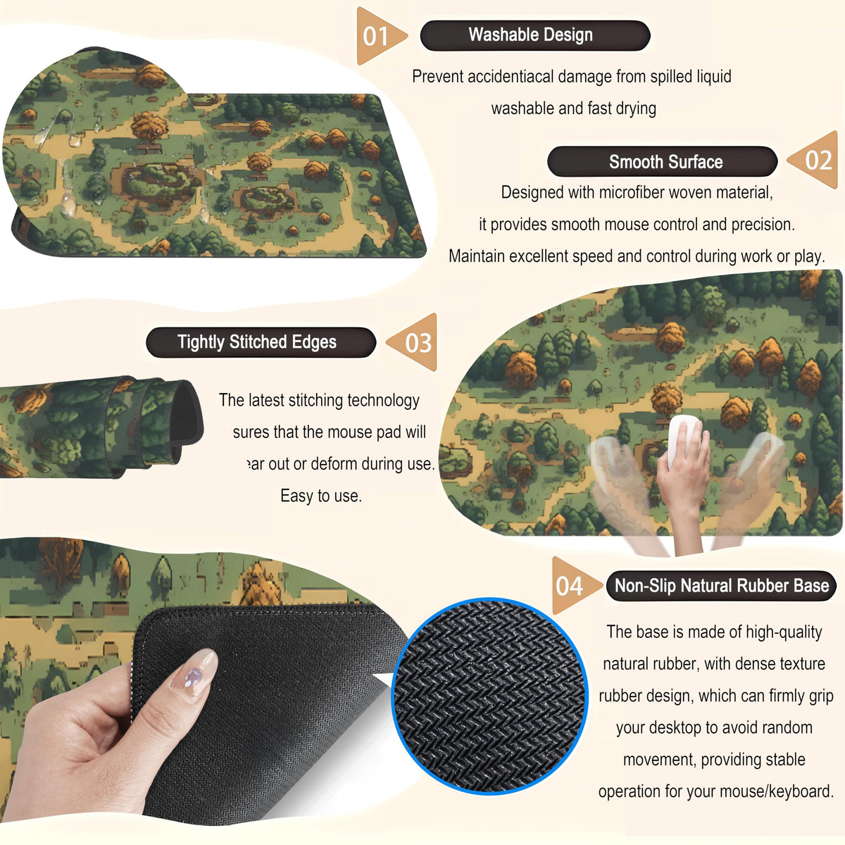 Retro Brown Green Desk Mat XL Large Gaming Green Forest Pixel Mouse Pad Non-Slip Rubber Base