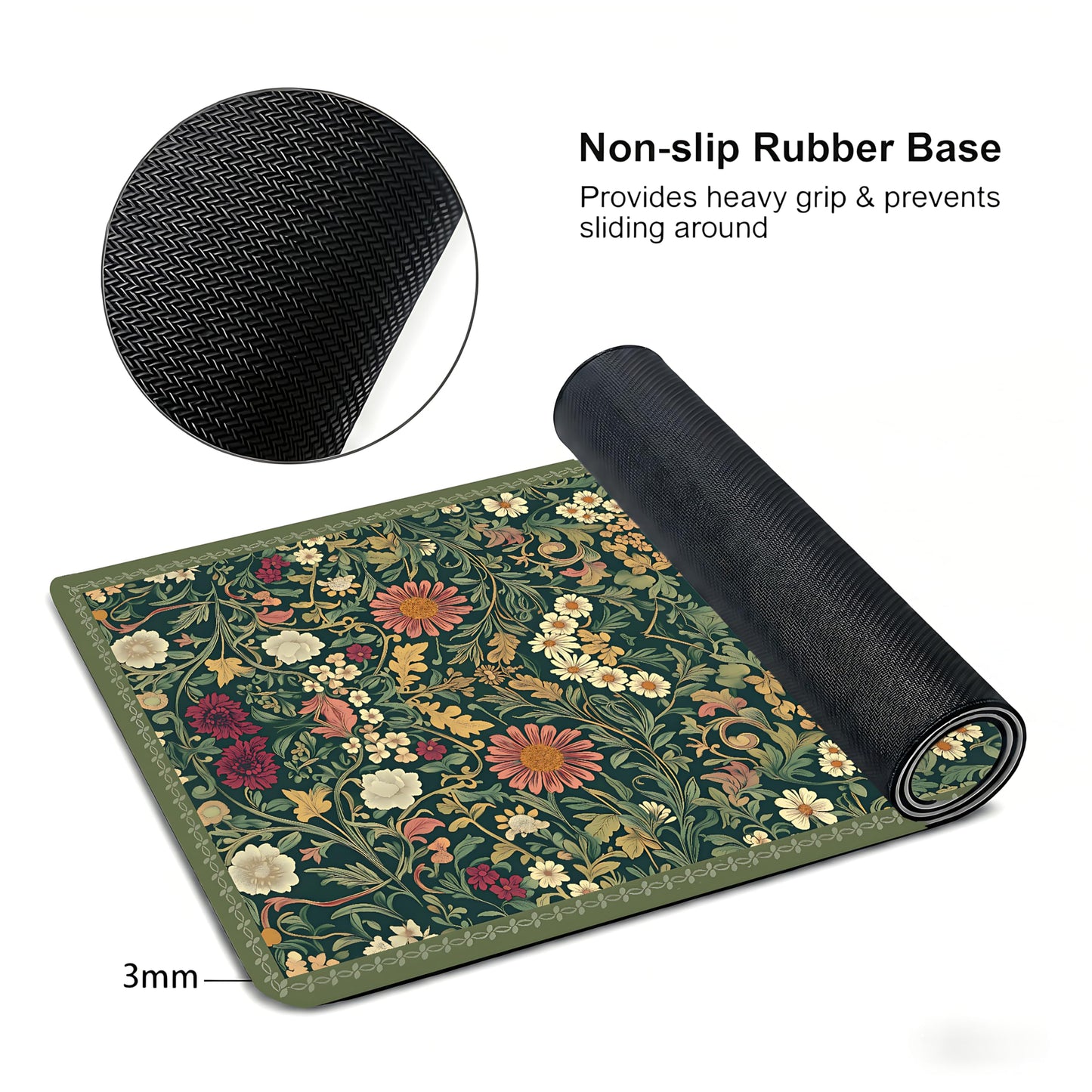 Cute Floral Aesthetic Cosmos Gaming Mouse Pad, Dark Green Rug Desk Mat with Anti-Slip Base &