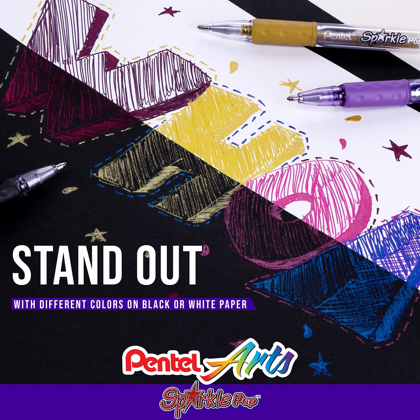 Pentel Sparkle Pop Metallic Gel Pen, (1.0mm) Bold Line, Gold, Box of 12 Pens (K91-DX)