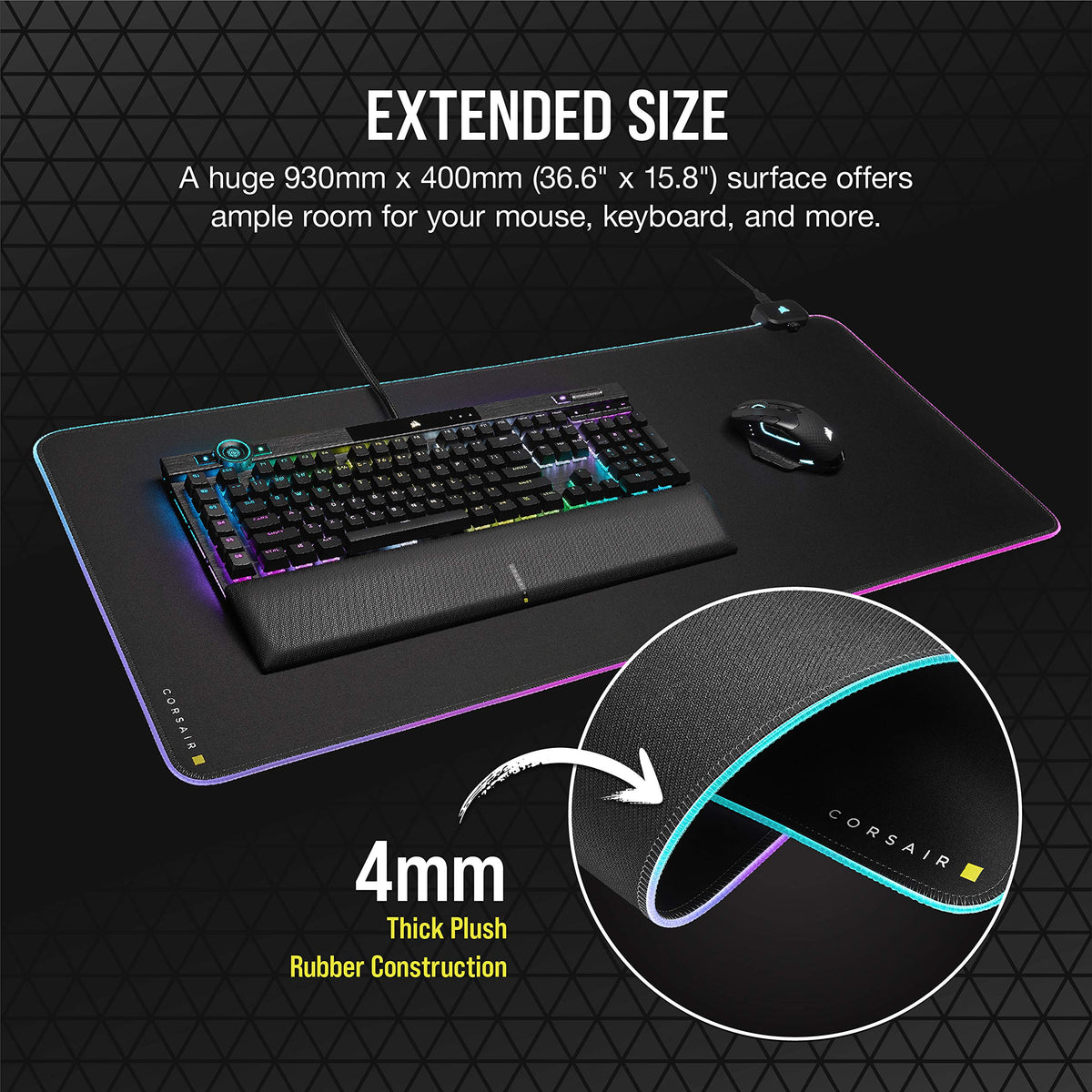 Corsair MM700 RGB Extended Cloth Gaming Mouse Pad - 36.6" x 15.8" - 360° RGB Lighting - Two USB