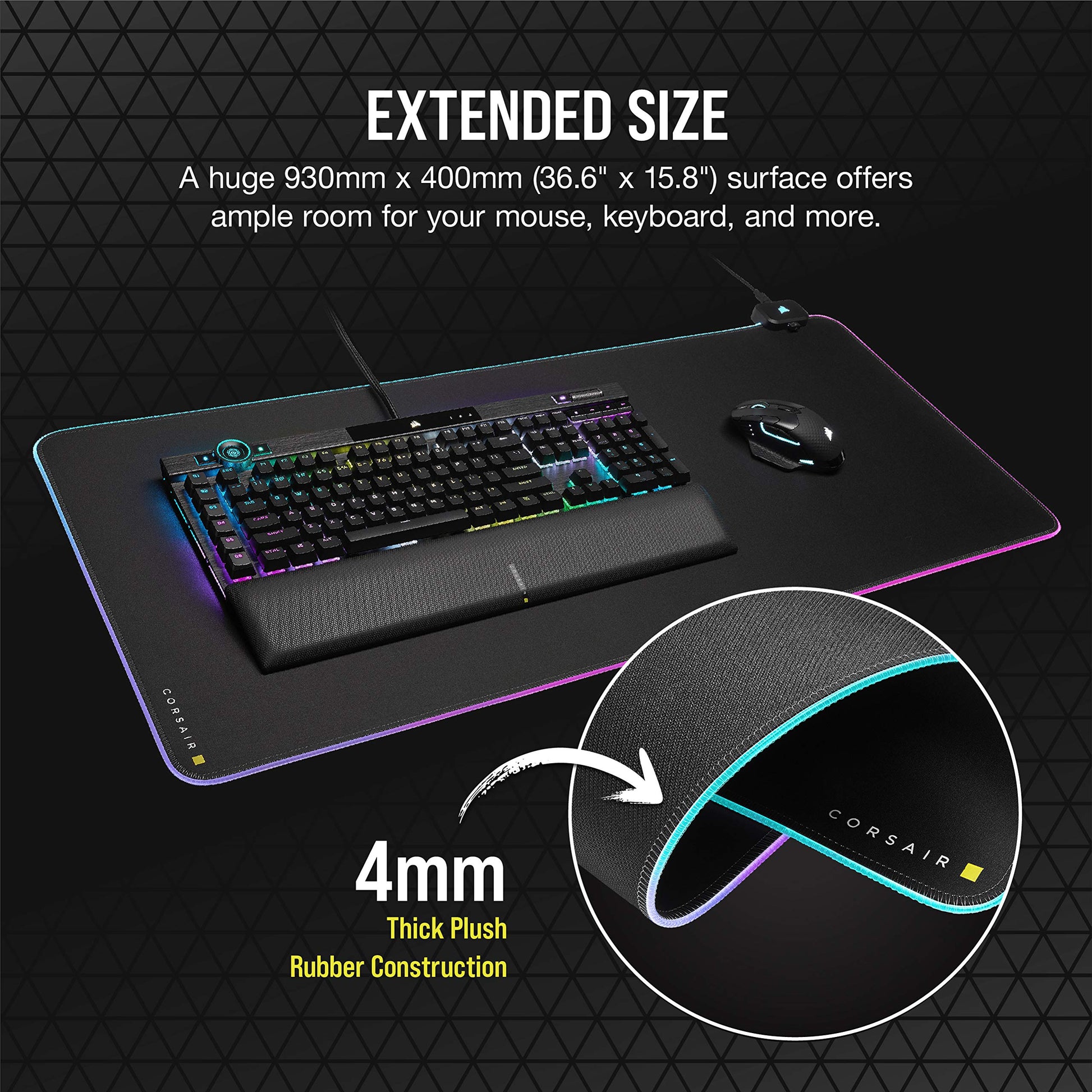 Corsair MM700 RGB Extended Cloth Gaming Mouse Pad - 36.6" x 15.8" - 360° RGB Lighting - Two USB