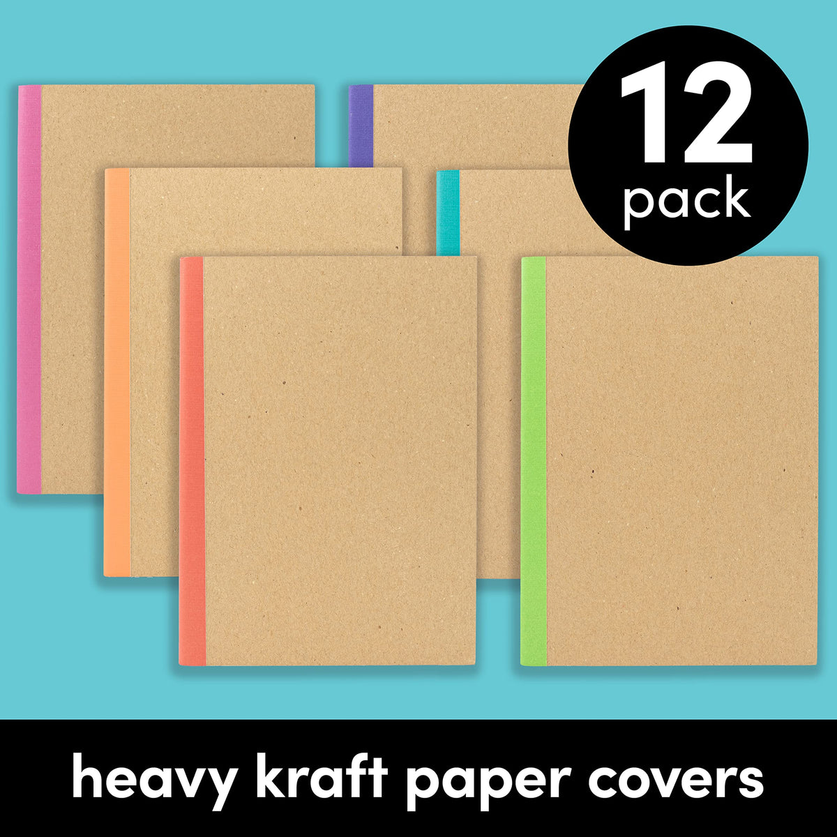 PAPERAGE 12-Pack Composition Notebook Journals, 120 Pages, Kraft Cover with Rainbow Spines, College