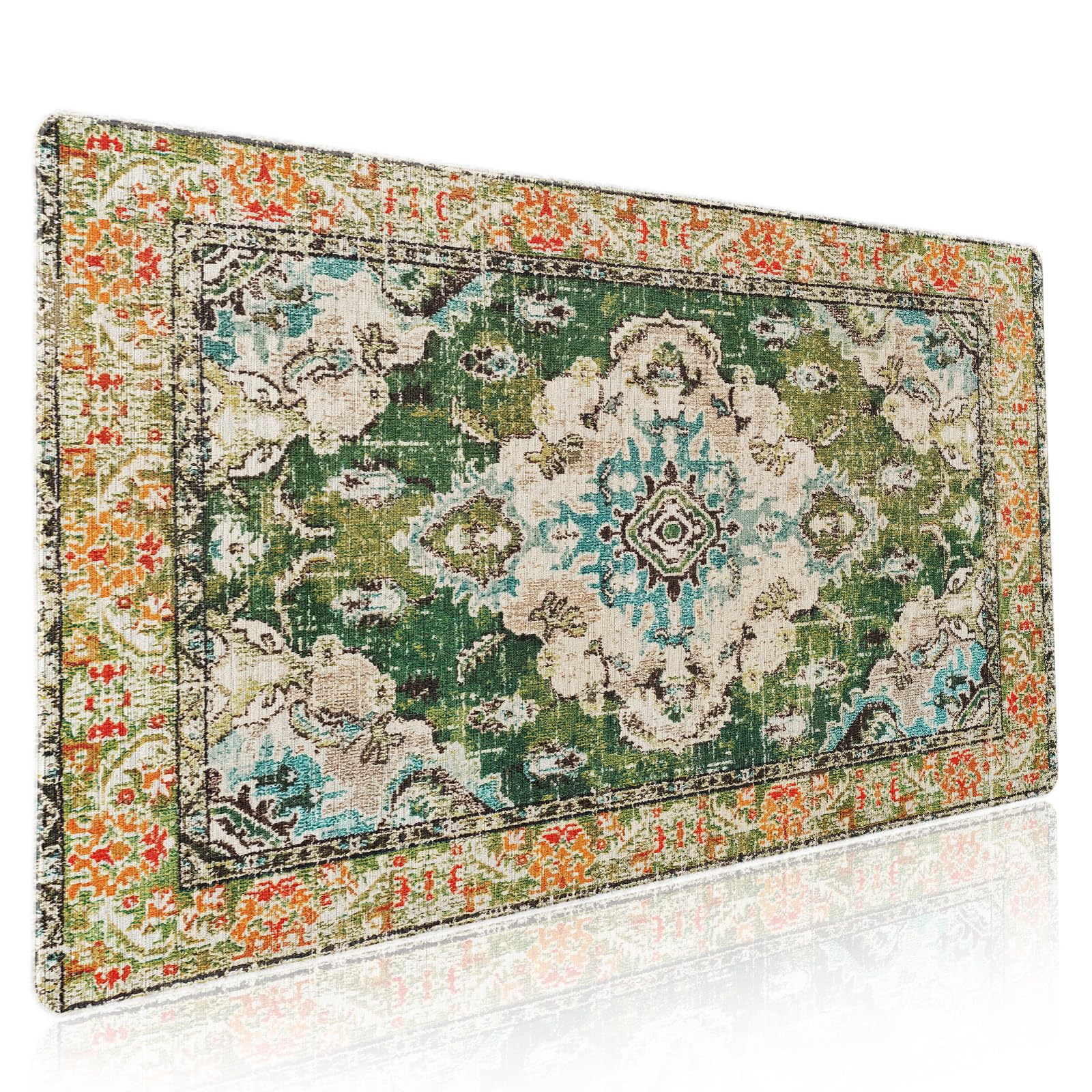 Vintage Rug Mouse Pad XXL Green Orange Retro Carpet Aesthetic Extended Table Mat 90X40 cm Non-Slip