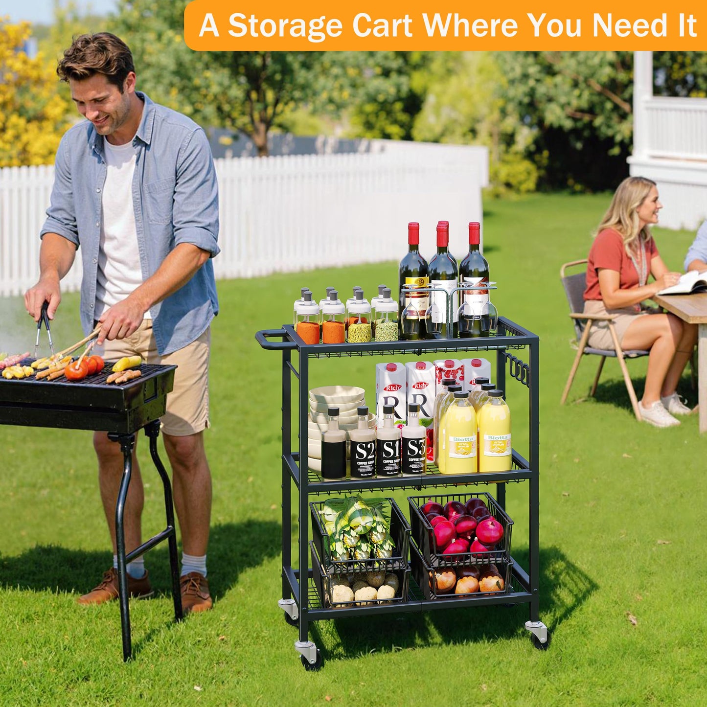 3-Tier Rolling Cart, Space-Saving Kitchen Cart with 150Lbs Capacity, Black Storage Cart with 2