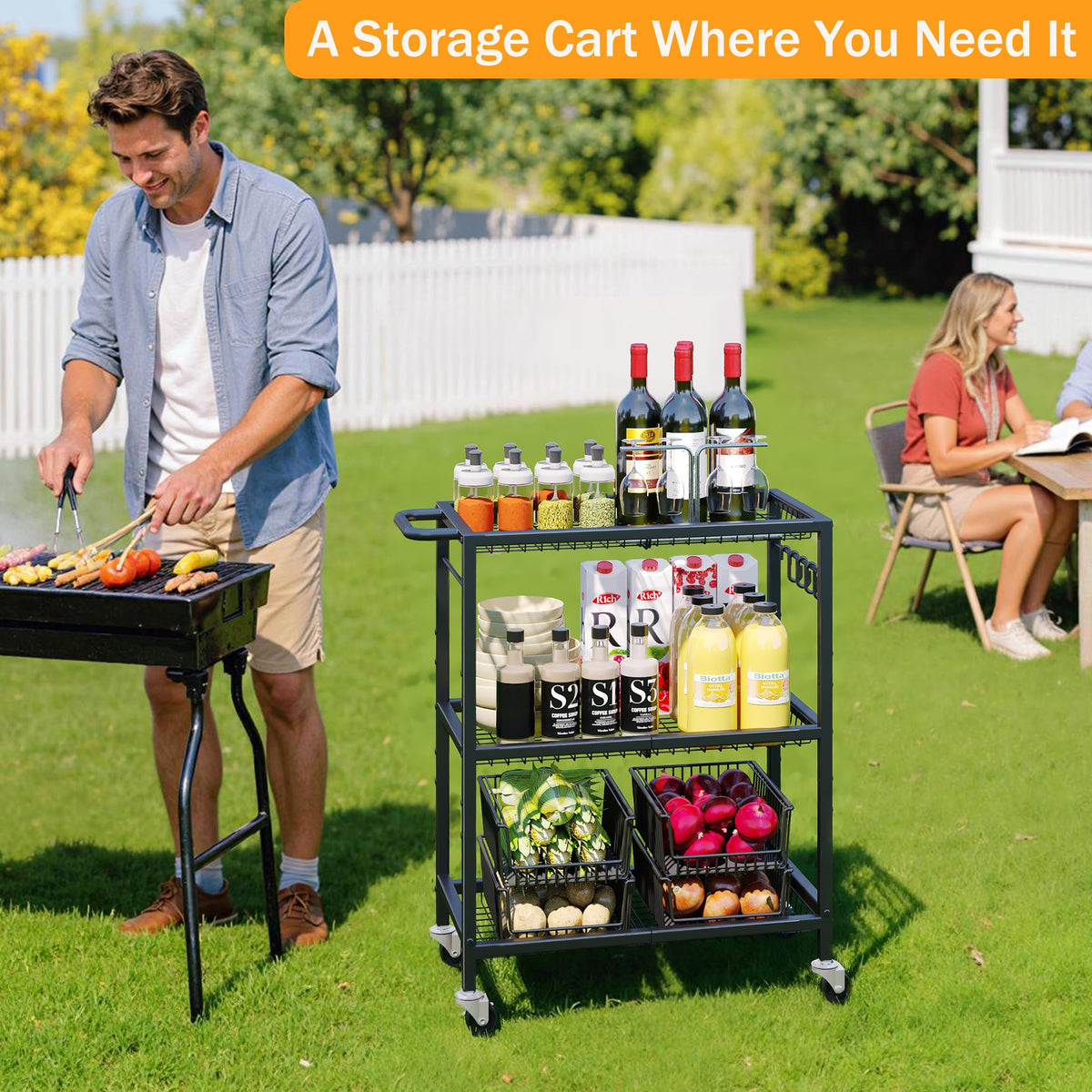 3-Tier Rolling Cart, Space-Saving Kitchen Cart with 150Lbs Capacity, Black Storage Cart with 2