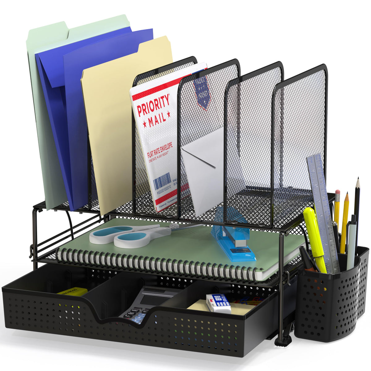 Simple Houseware Desk File Organizer for Office Supplies w/Drawer, Black