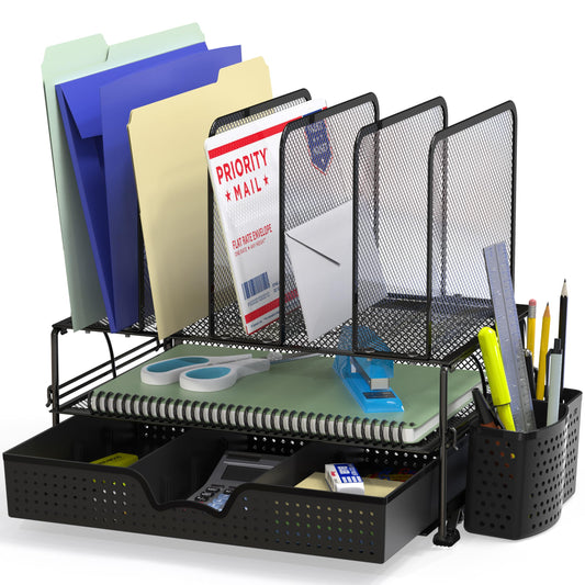Simple Houseware Desk File Organizer for Office Supplies w/Drawer, Black