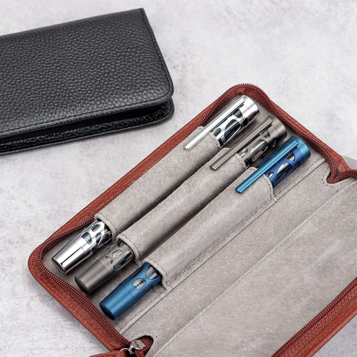 Lanxivi Genuine Leather Fountain Pen Case 3 Divided Slots Black Color, Zippered Pen Case Pouch