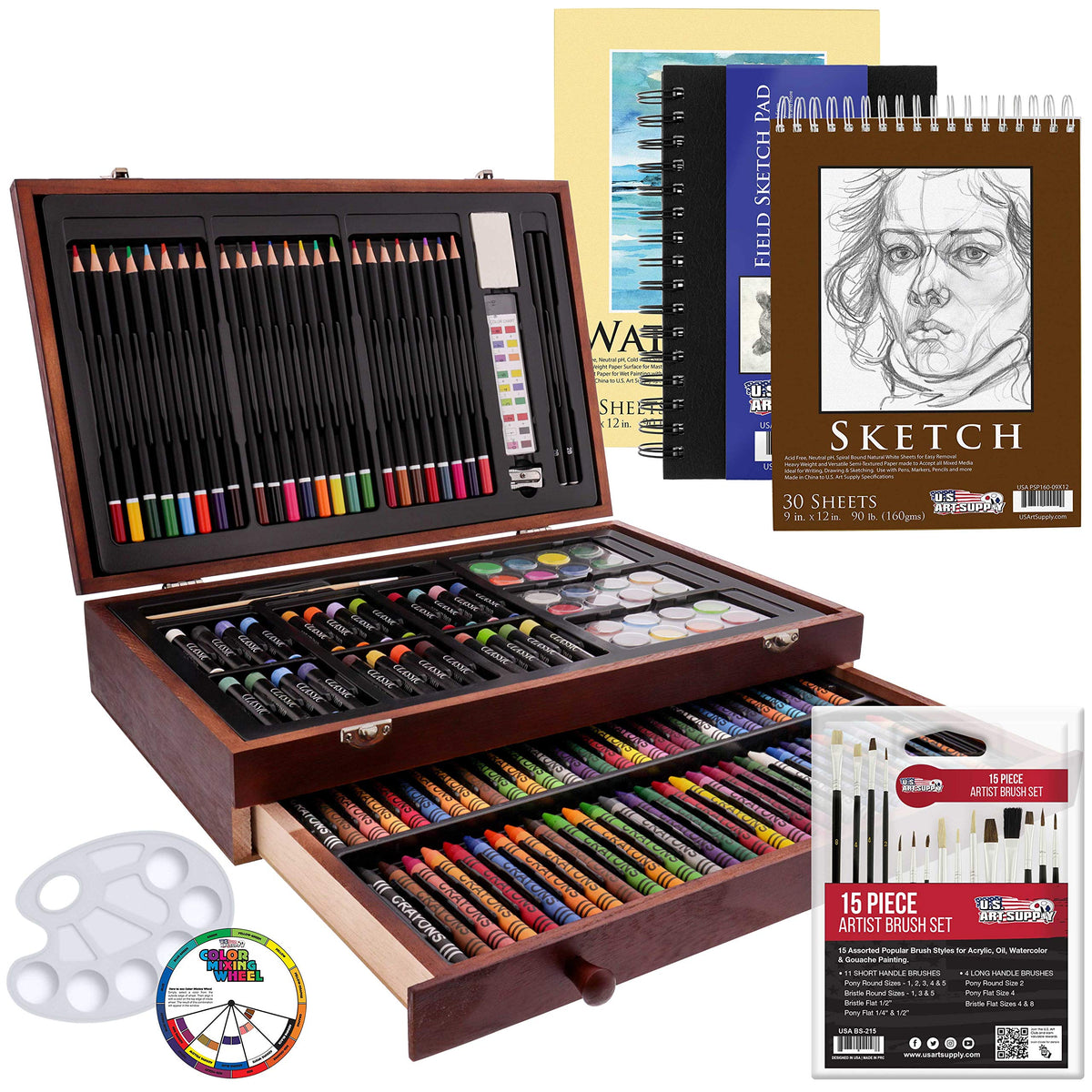 U.S. Art Supply 162-Piece Mega Wood Box Artist Kit for Painting, Drawing