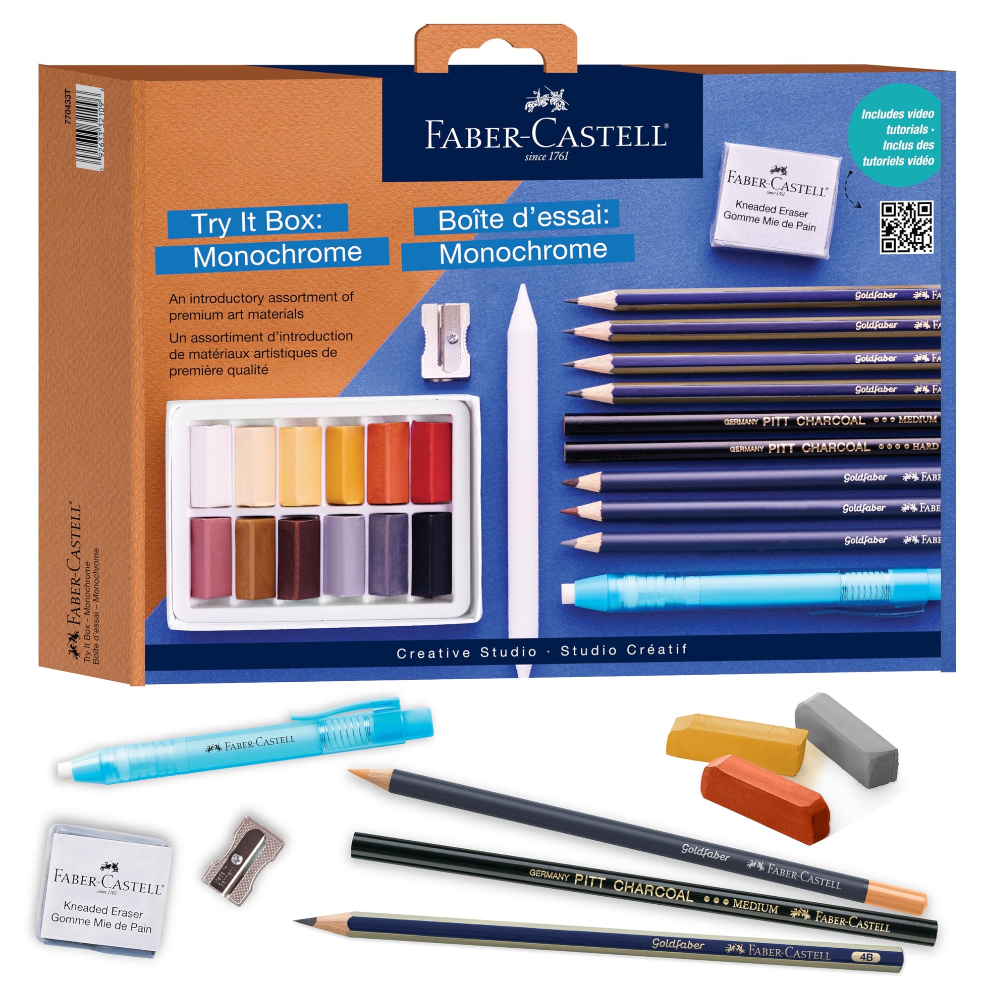 Faber-Castell Try It Box: Monochrome, 27 Piece Drawing Art Kit featuring Colored Pencils, Graphite