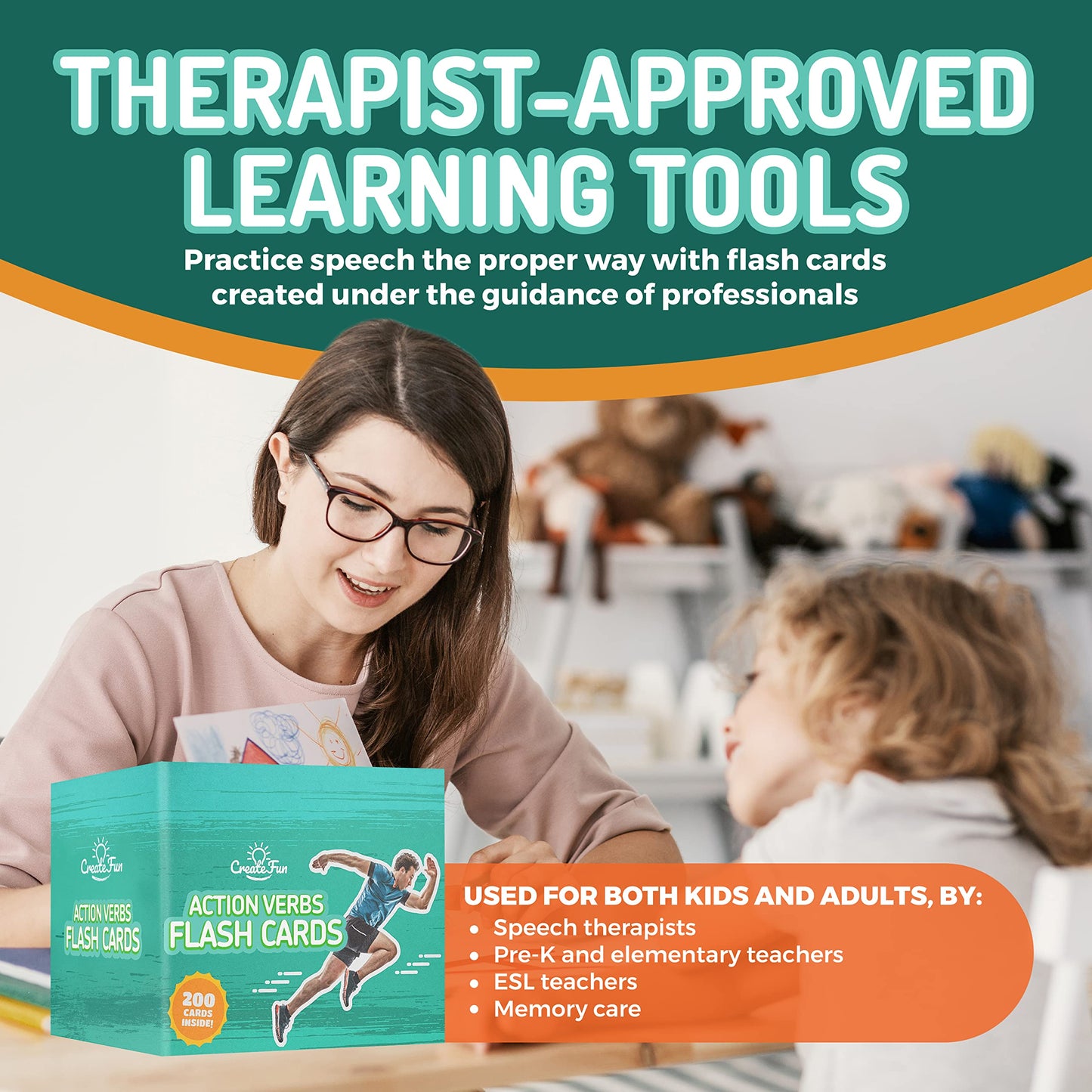 CreateFun 200 Action Verbs Flash Cards - Kids, Speech Therapy, ESL, Autism