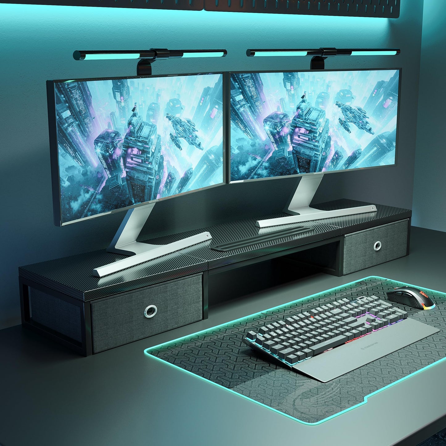 Mexin 39" Dual Monitor Stand Riser with 2 Storage Drawers, Carbon Fiber Computer Desk Organizer for