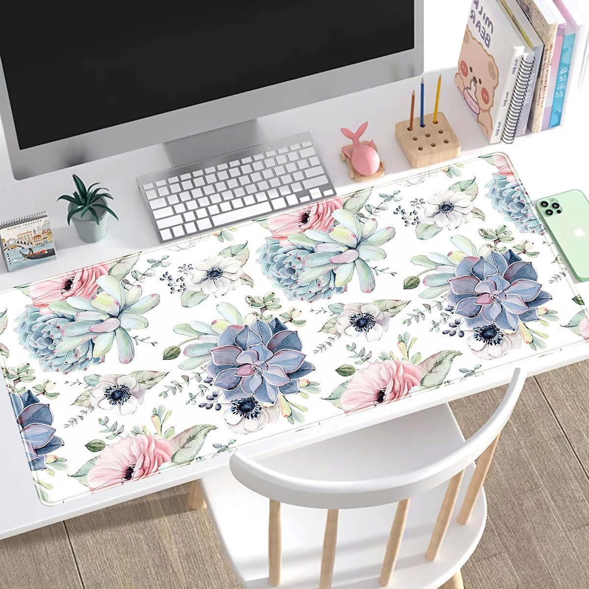 Watercolor Succulents Desk Mat, Plants Succulent Roses Desk Pad Protector, Large Gaming Mouse Pad