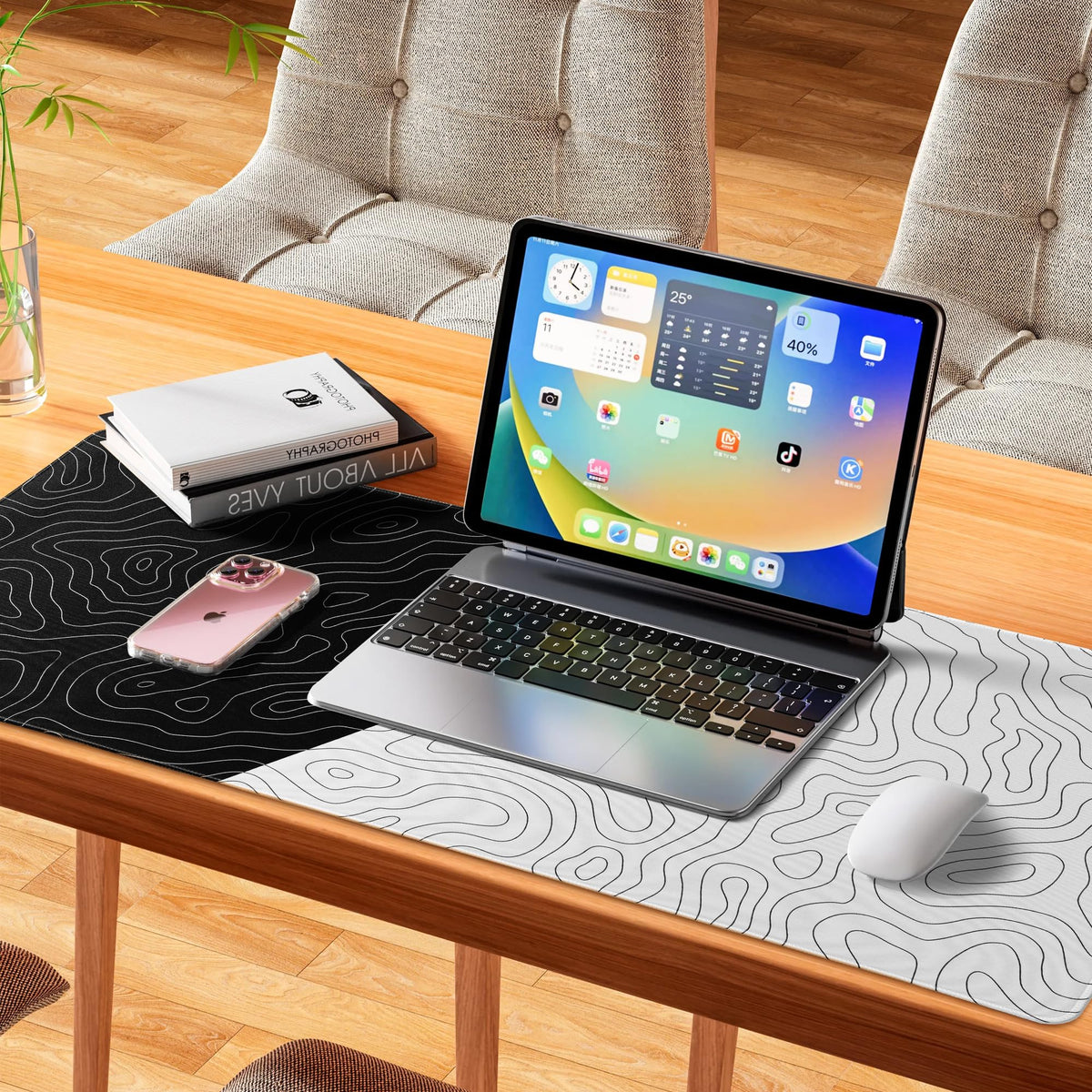 XVX Black and White Topographic Mousepad, XXLarge Gaming Mouse Pad for Desk 35.4x15.7