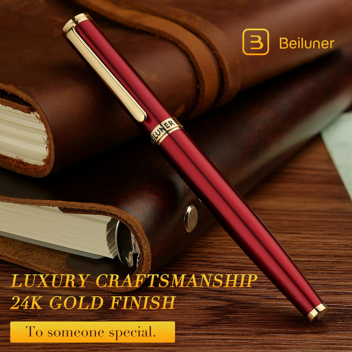 BEILUNER Red Fountain Pen,Stunning Luxury Pens with 24K Gold Finish, Gorgeous 24K Gilded