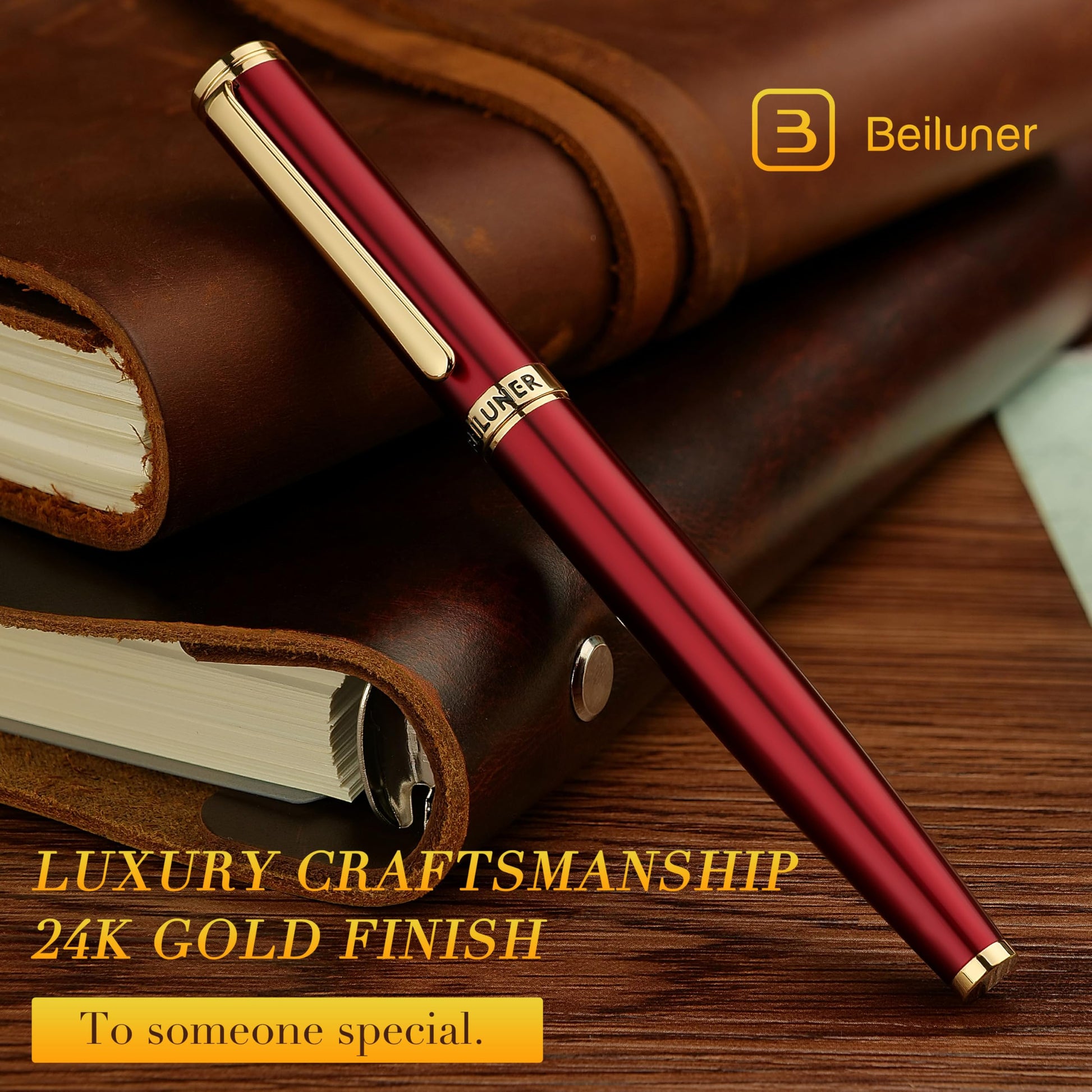 BEILUNER Red Fountain Pen,Stunning Luxury Pens with 24K Gold Finish, Gorgeous 24K Gilded Nib(Fine)