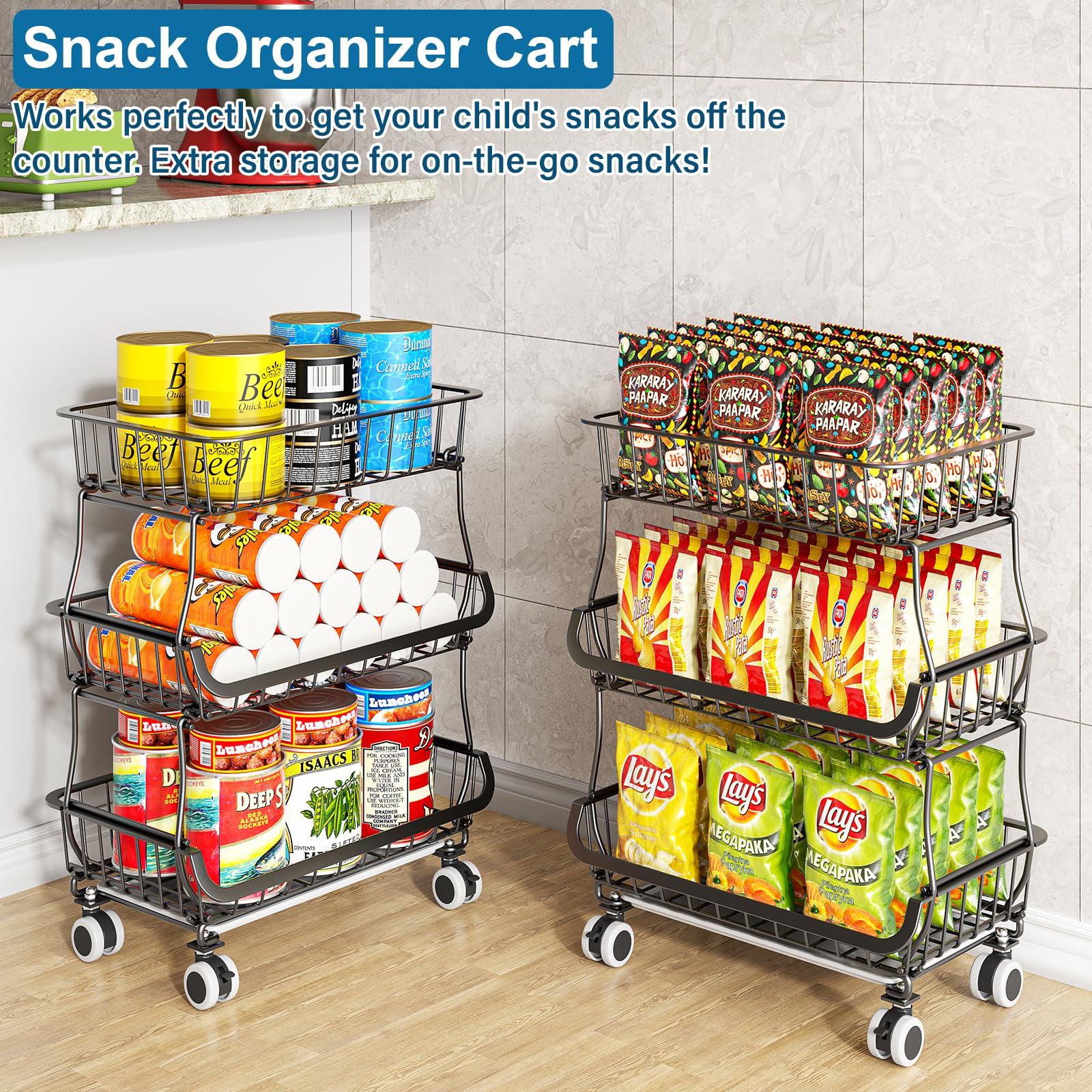 OKZEST 3-Tier Rolling Pantry Floor Organizers and Storage Cart with Wheels