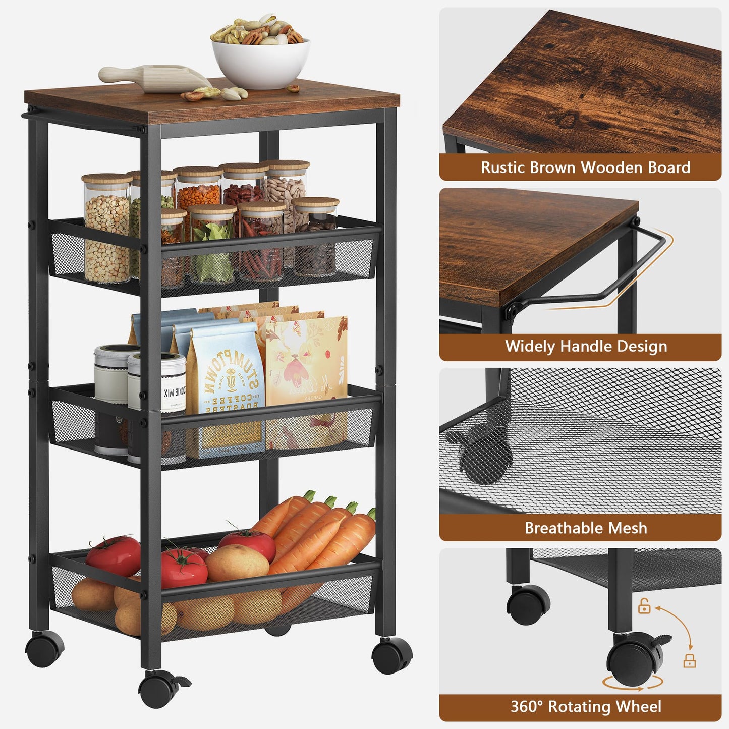 Hoctieon Rolling Storage Cart, 4-Tier 11.8" Wide Panel Kitchen Storage Cart, Utility Carts with