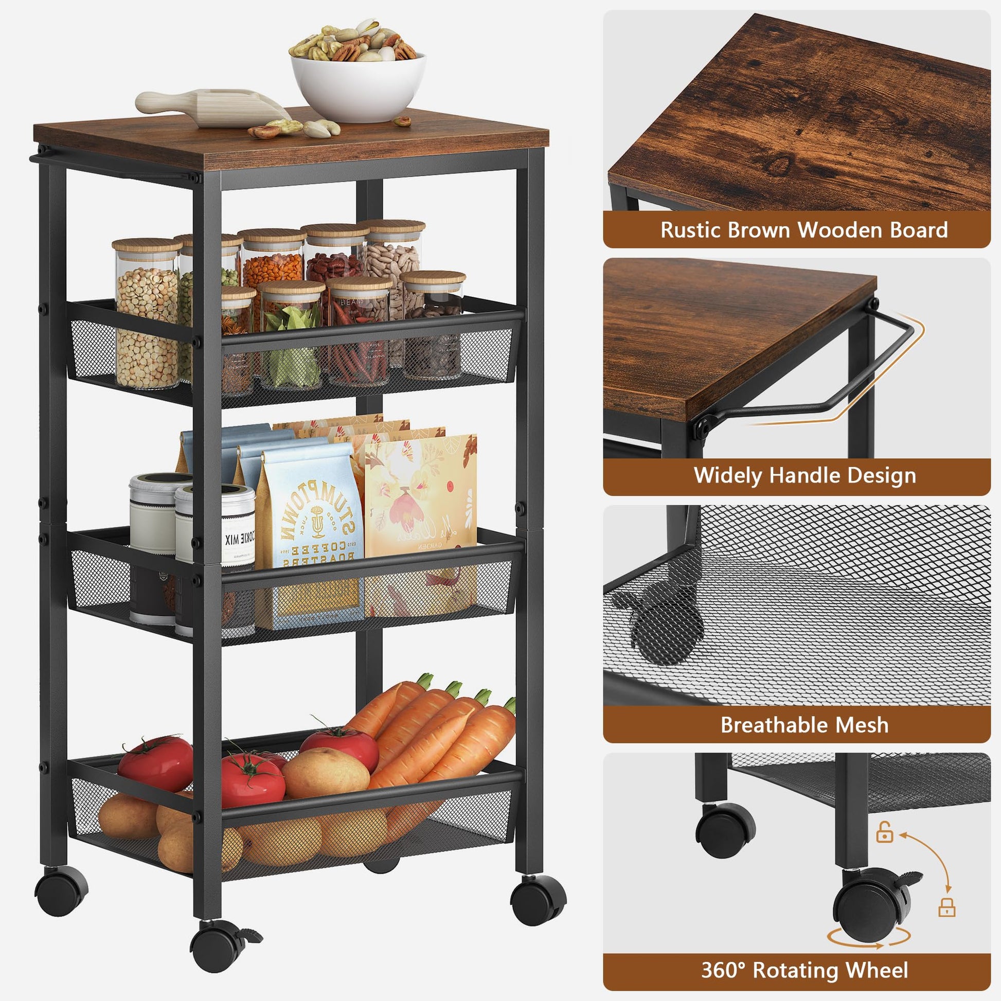 Hoctieon Rolling Storage Cart, 4-Tier 11.8" Wide Panel Kitchen Storage Cart, Utility Carts with