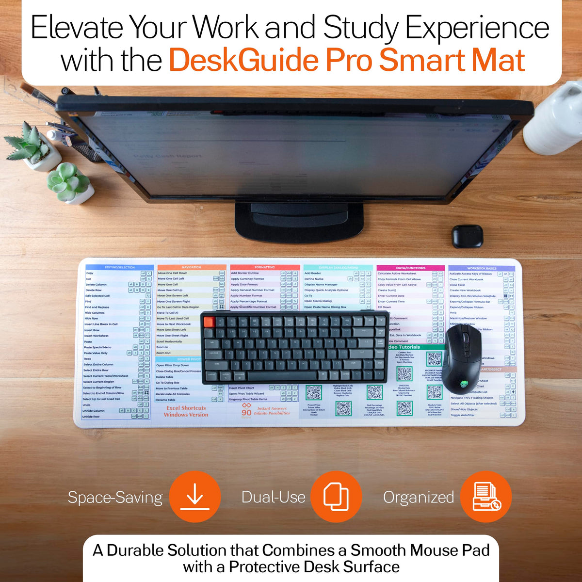 Excel Cheat Sheet Desk Pad - DeskGuide Pro Mouse Pad with 100+ QR Video Tutorials - Excel Shortcuts
