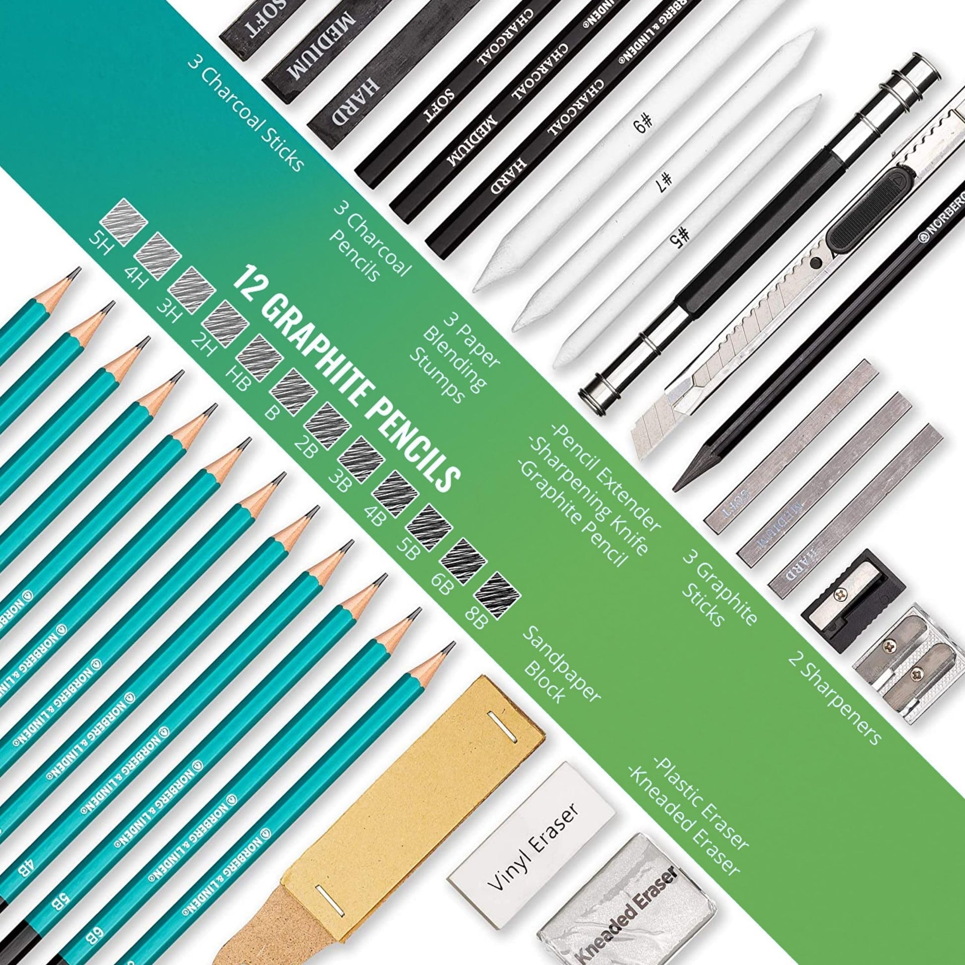 Norberg & Linden XL Drawing Set - Sketching, Graphite and Charcoal Pencils. Includes 100 Page