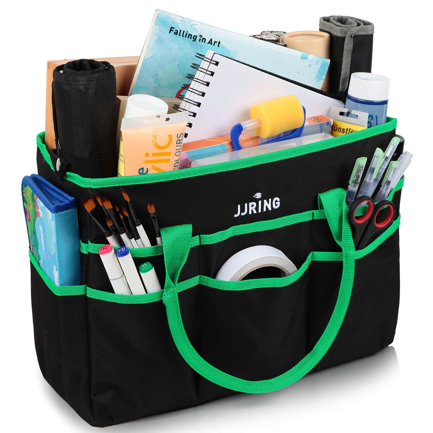 JJRING Large 600D Nylon Artist Organizer Tote Bag With 16 Pockets, Green