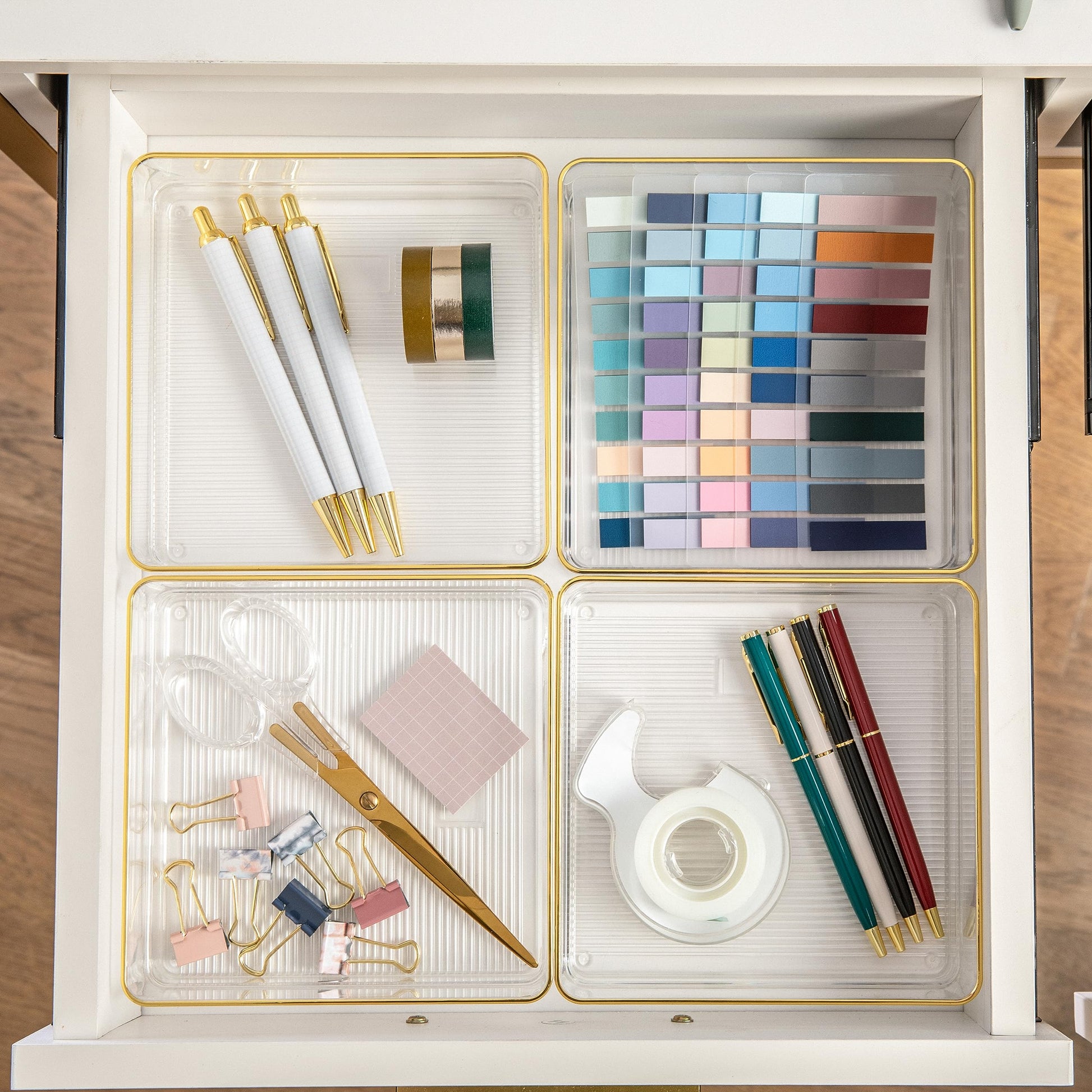 Martha Stewart Kerry Stackable Desk Drawer Organizers, Clear/Gold, 4-Pack