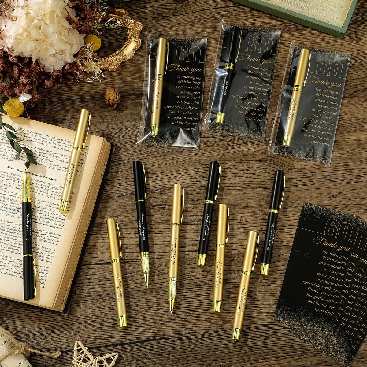 Feifeiya 30 Set 60th Birthday Favors with Black Gold Pens Cards