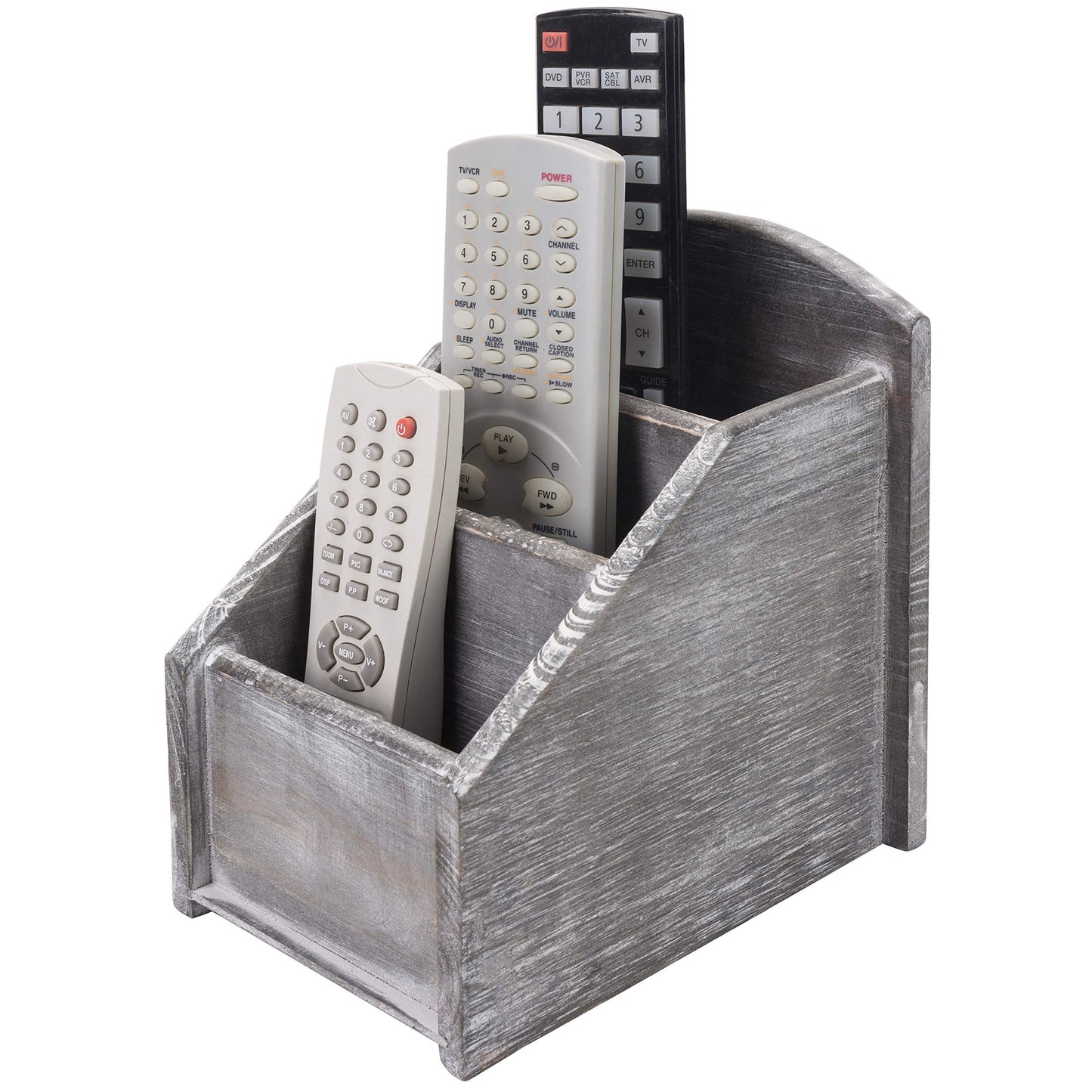 MyGift Graywashed Wood Remote Control Holder, 3-Compartment Desktop Caddy