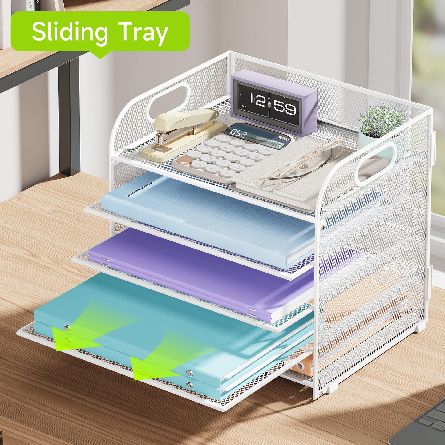 Cawukege 2 Pack 5 Tier Paper Organizer, Letter Tray with Handle, Mesh Desk Organizer, Metal File