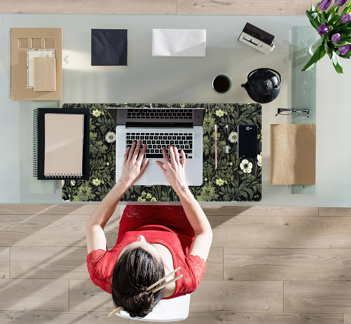 Dark Green Floral Plants XXL Gaming Mousepad & Desk Pad - Nature Leaf Flower Laptop Keyboard Mat